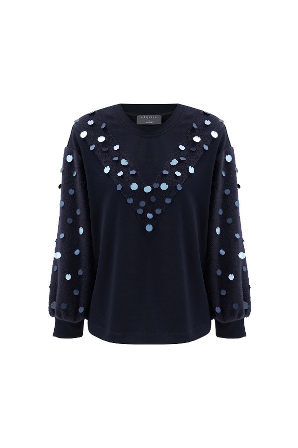 Sequin Embroidered Balloon Sleeve Knit Sweatshirt