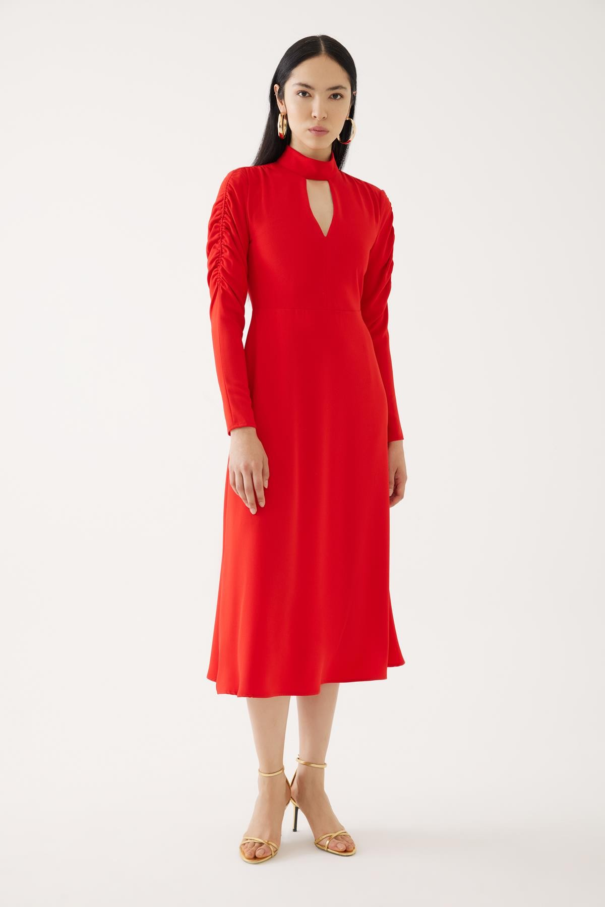 Red Sleeved Ruched Detail Dress