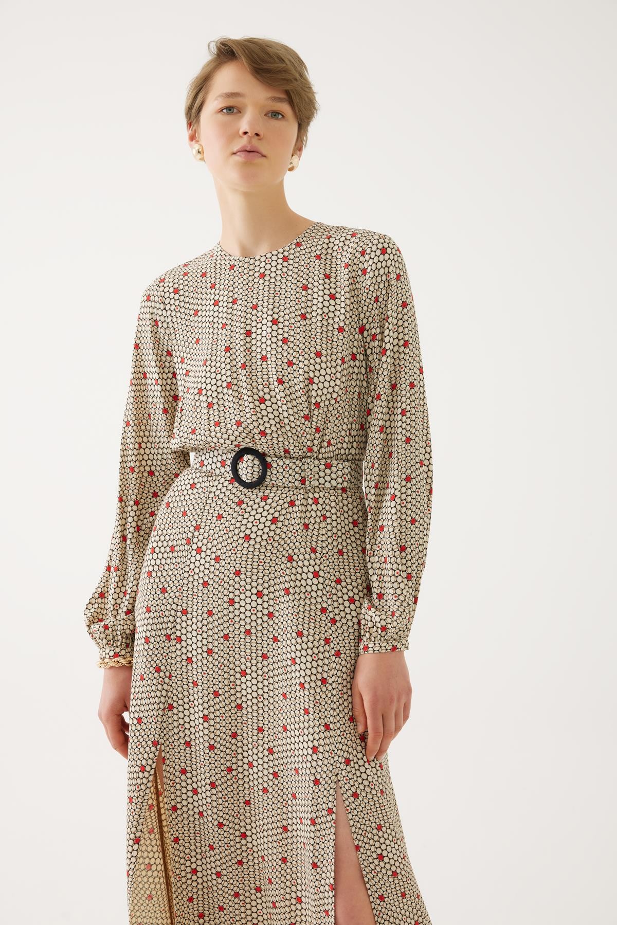 Belted Slit Dot Pattern Dress