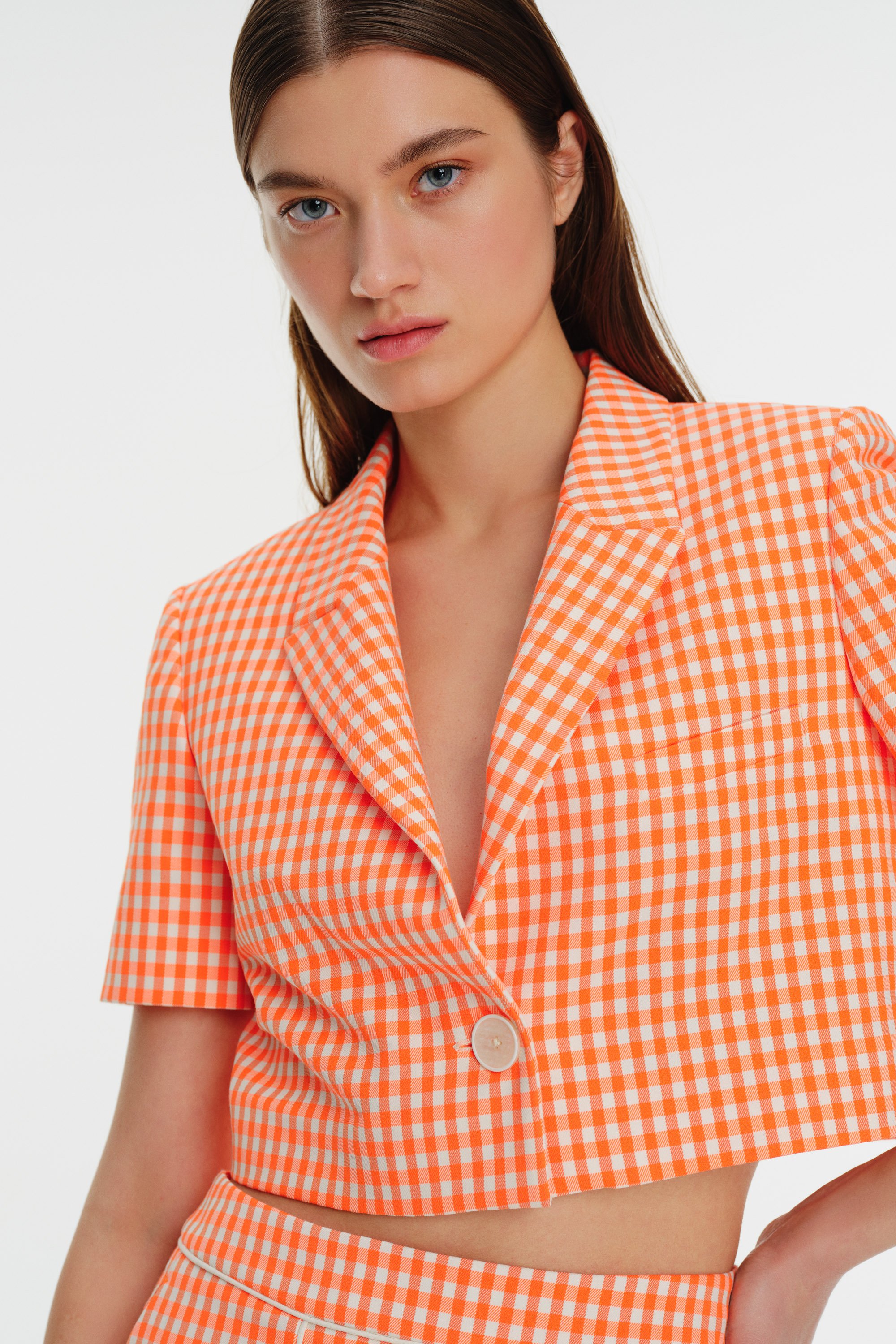 Checkered Pattern Single Button Short Sleeve Crop Jacket