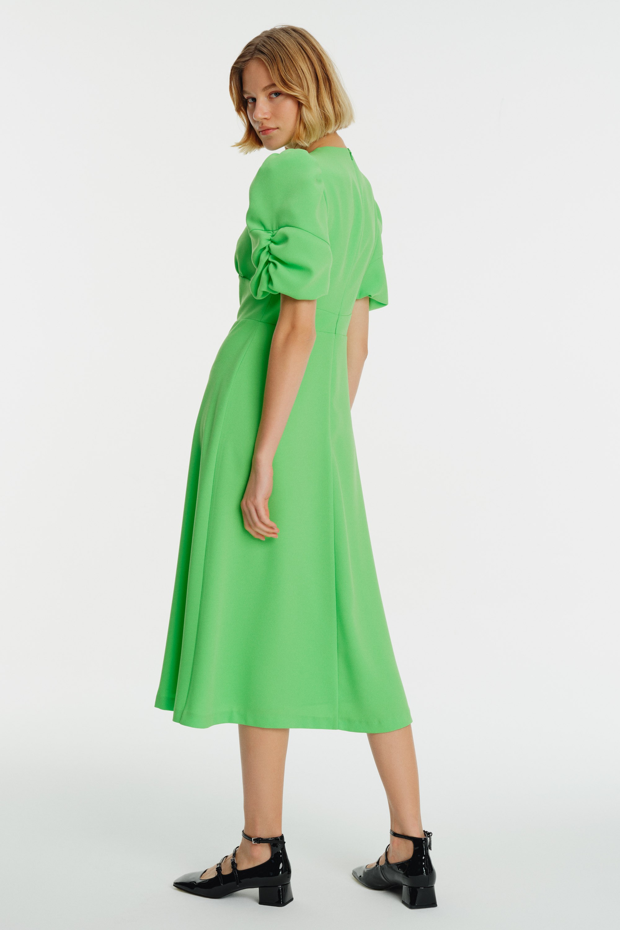 Crew Neck Puff Sleeve Midi Crepe Dress