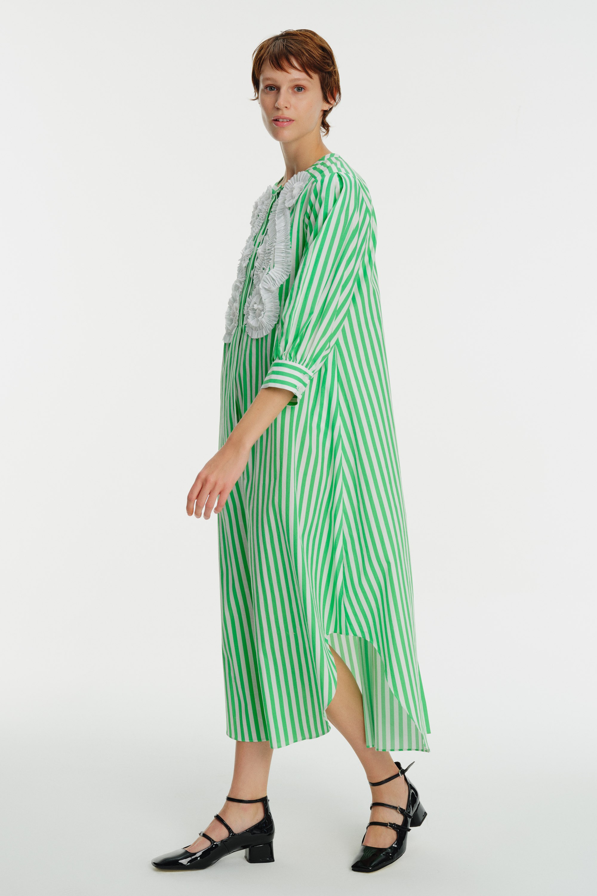 Striped Ruffle Detail Cotton Midi Dress