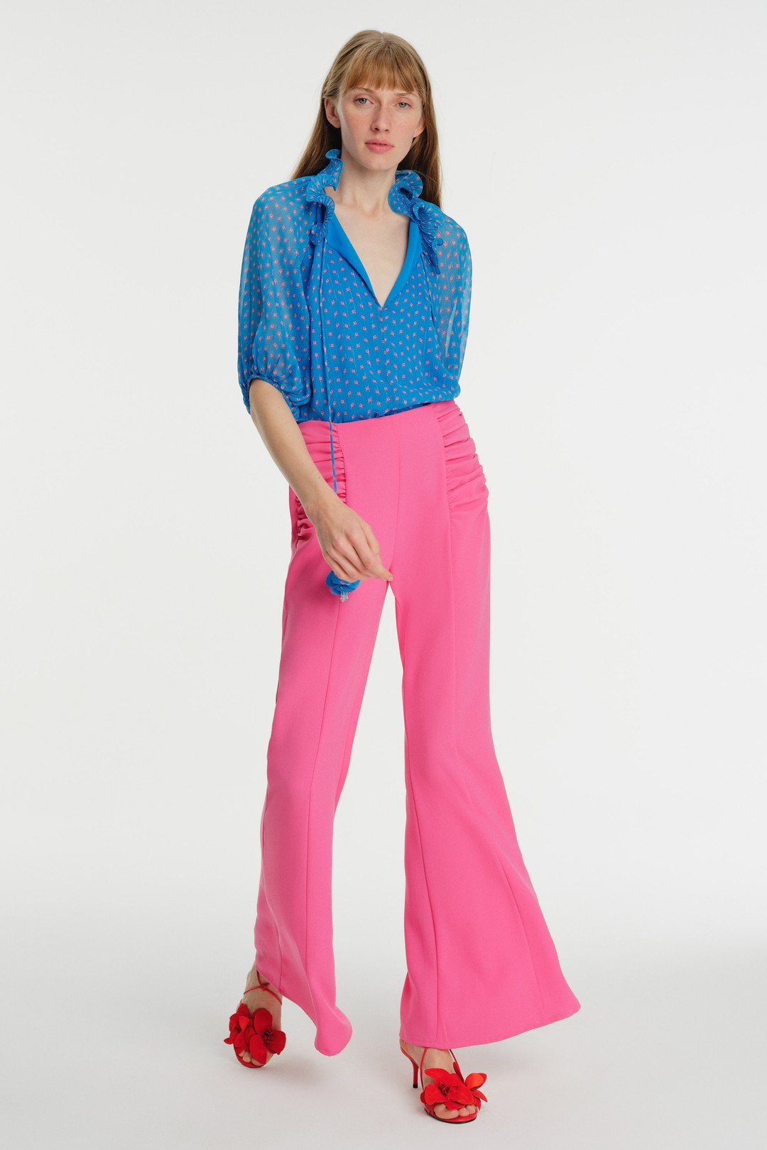 Flared Crepe Trousers with Drawstring Waist 1