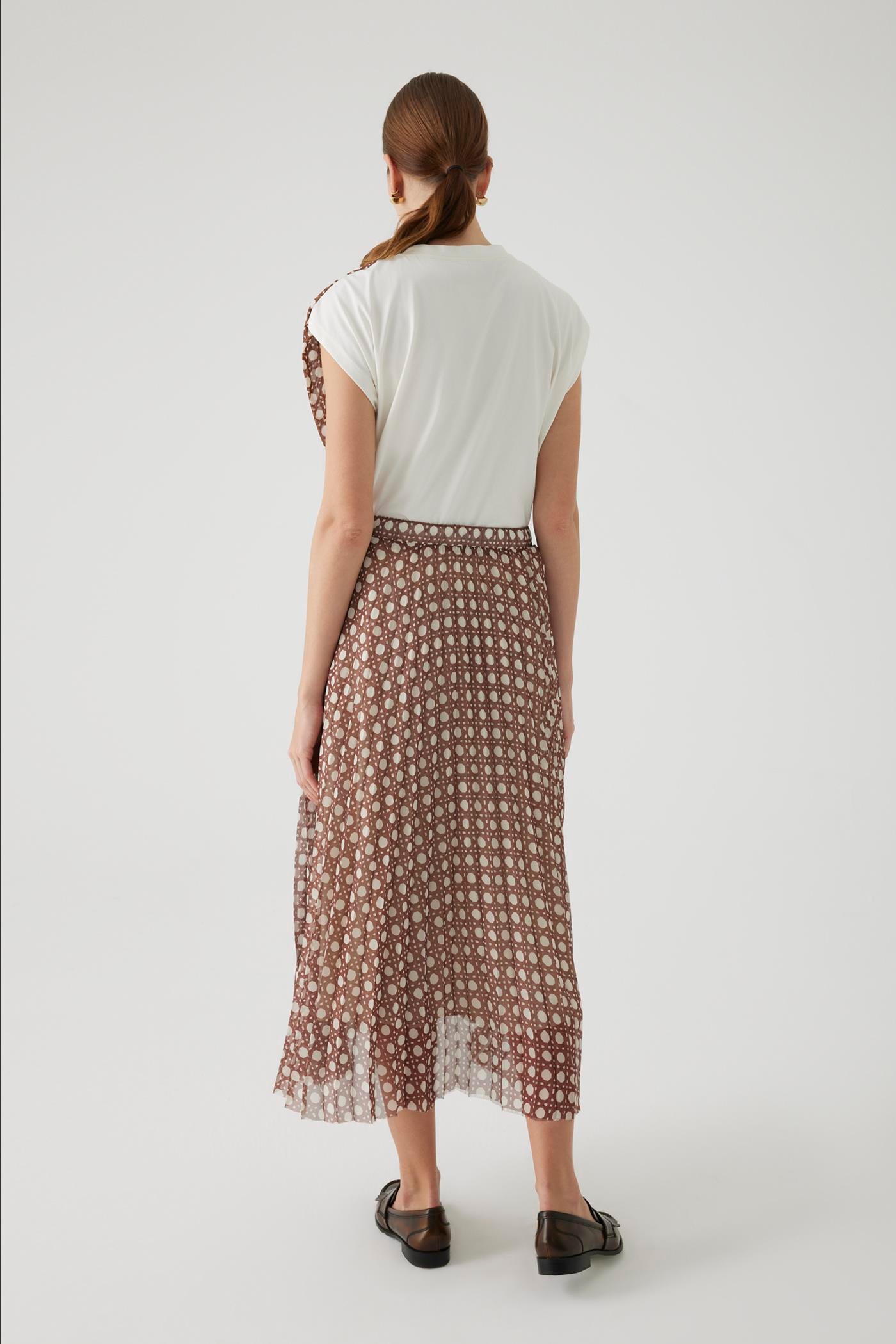 Elastic Waist Pleated Relaxed Fit Midi Patterned Brown Skirt