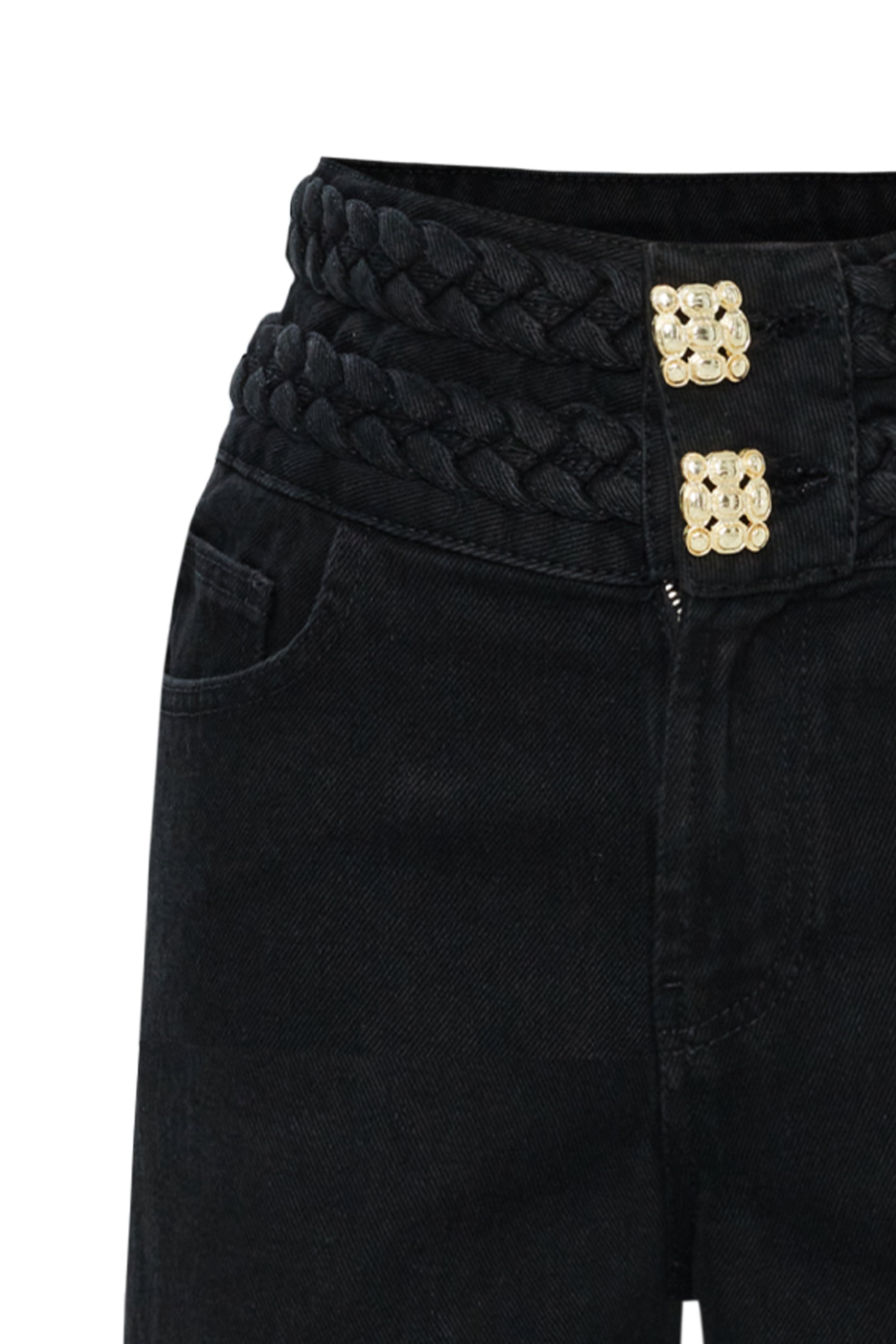 Belt and Button Detail Wide Legged Cotton Regular Black Denim