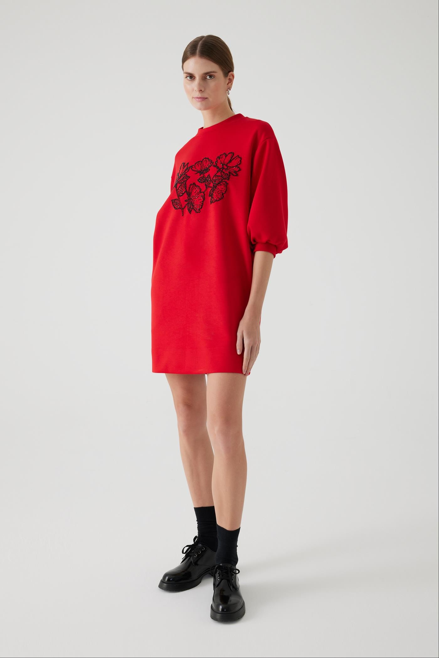 Embroidered Oversized Lycra Red Knit Dress