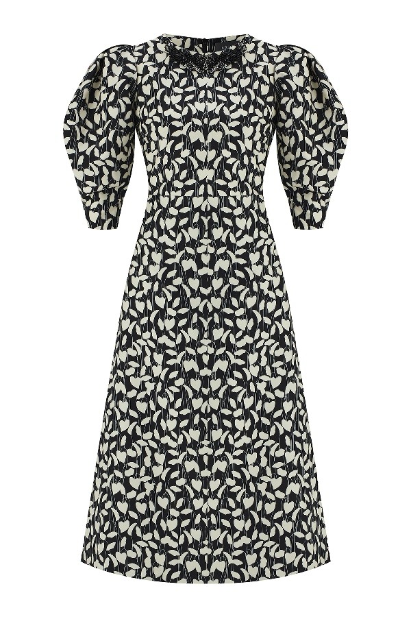 Patterned Dress with Embroidered Detail on the Collar