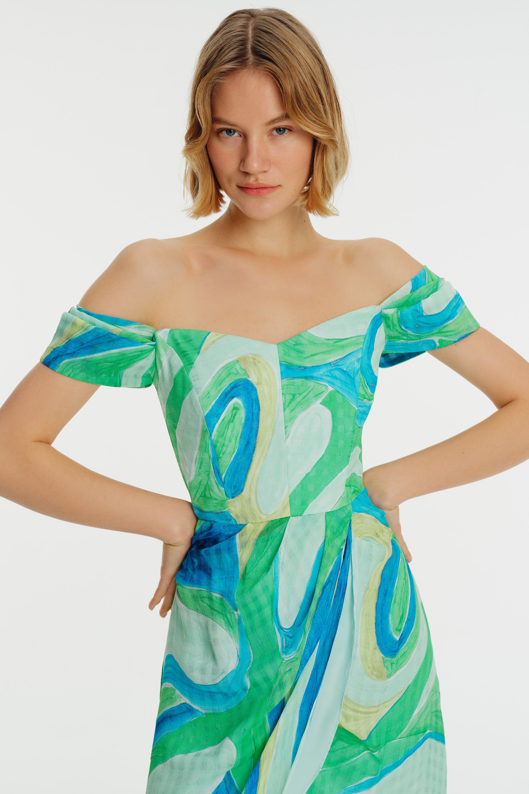 Strapless Midi Length Patterned Dress