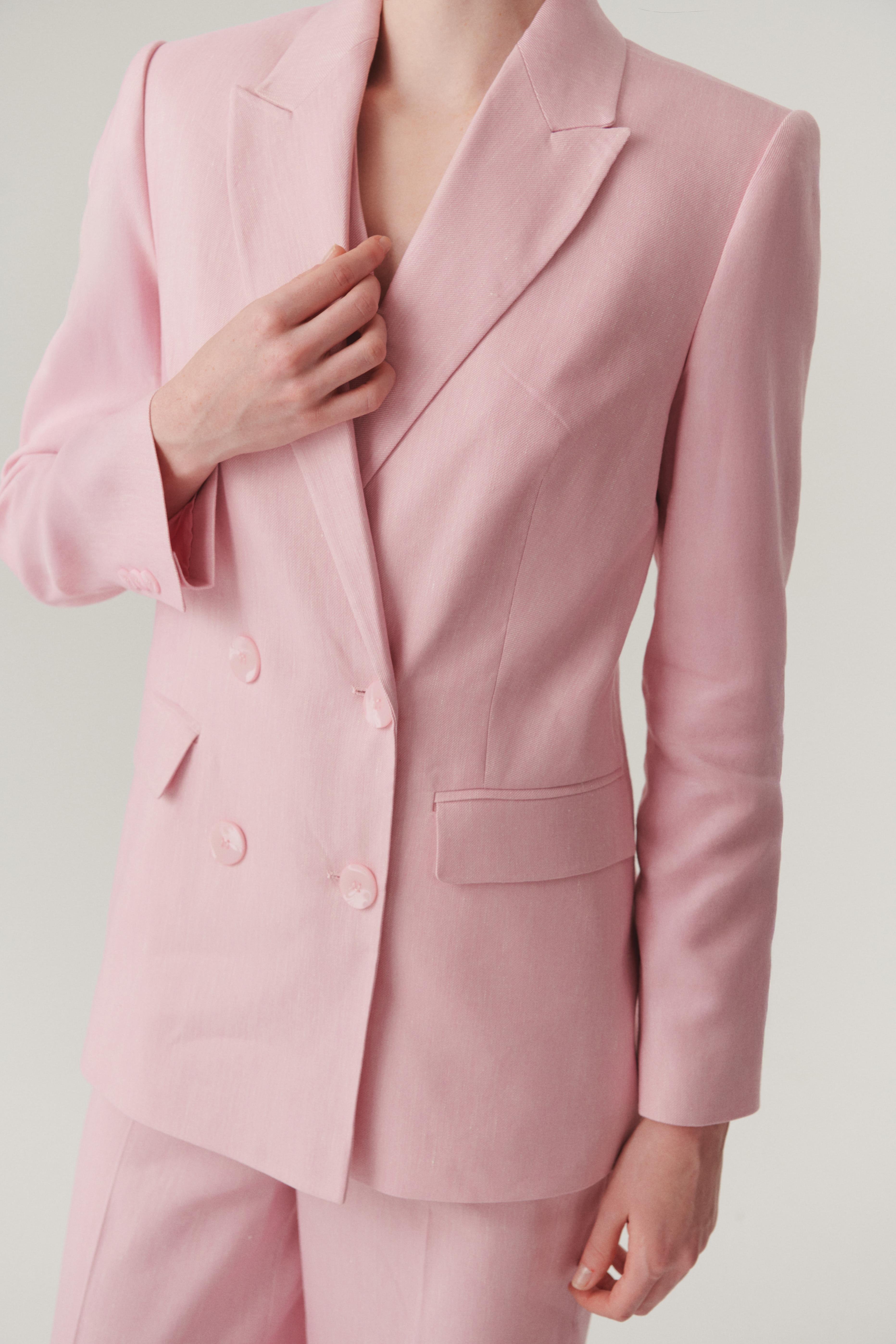 Kruvaze Yaka Keten Regular Pembe Blazer Ceket