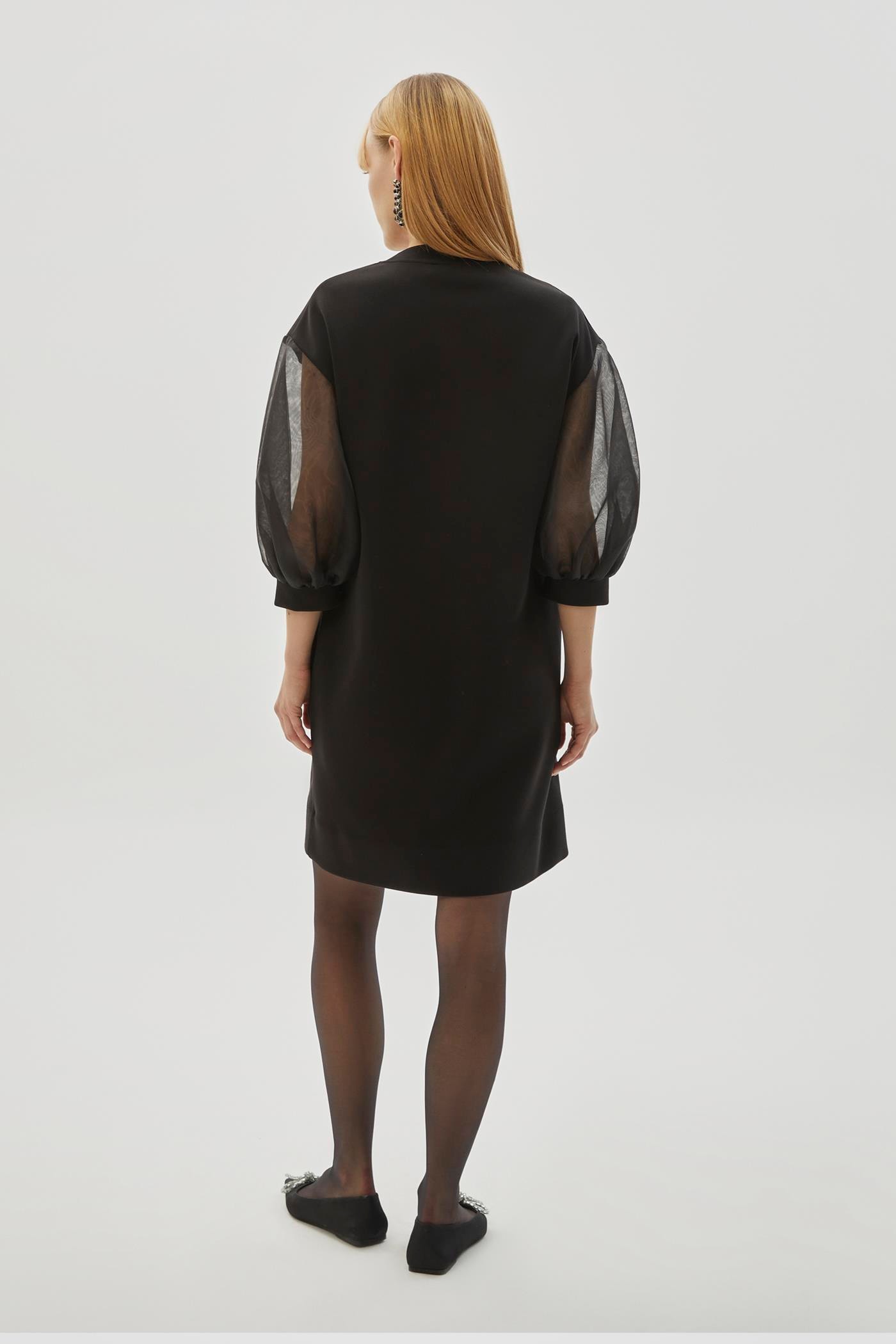 Organza Sleeve Embroidered Detail Lycra Black Mini Knit Dress