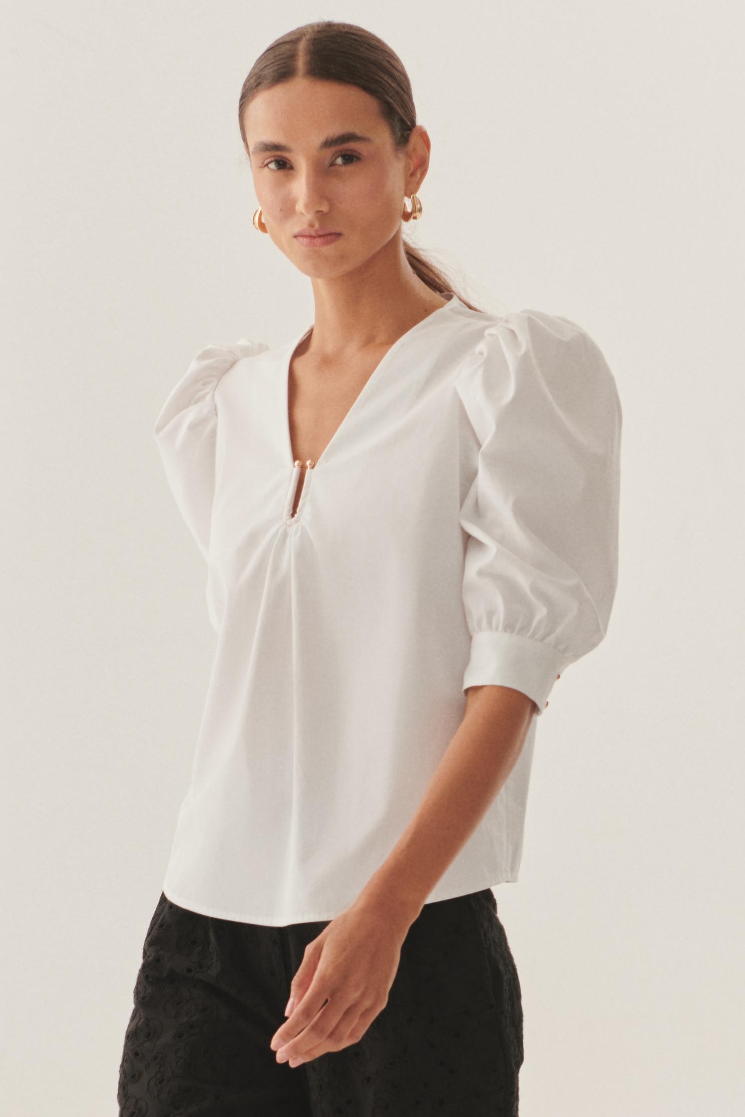 Puff Sleeve Poplin Keyhole Blouse