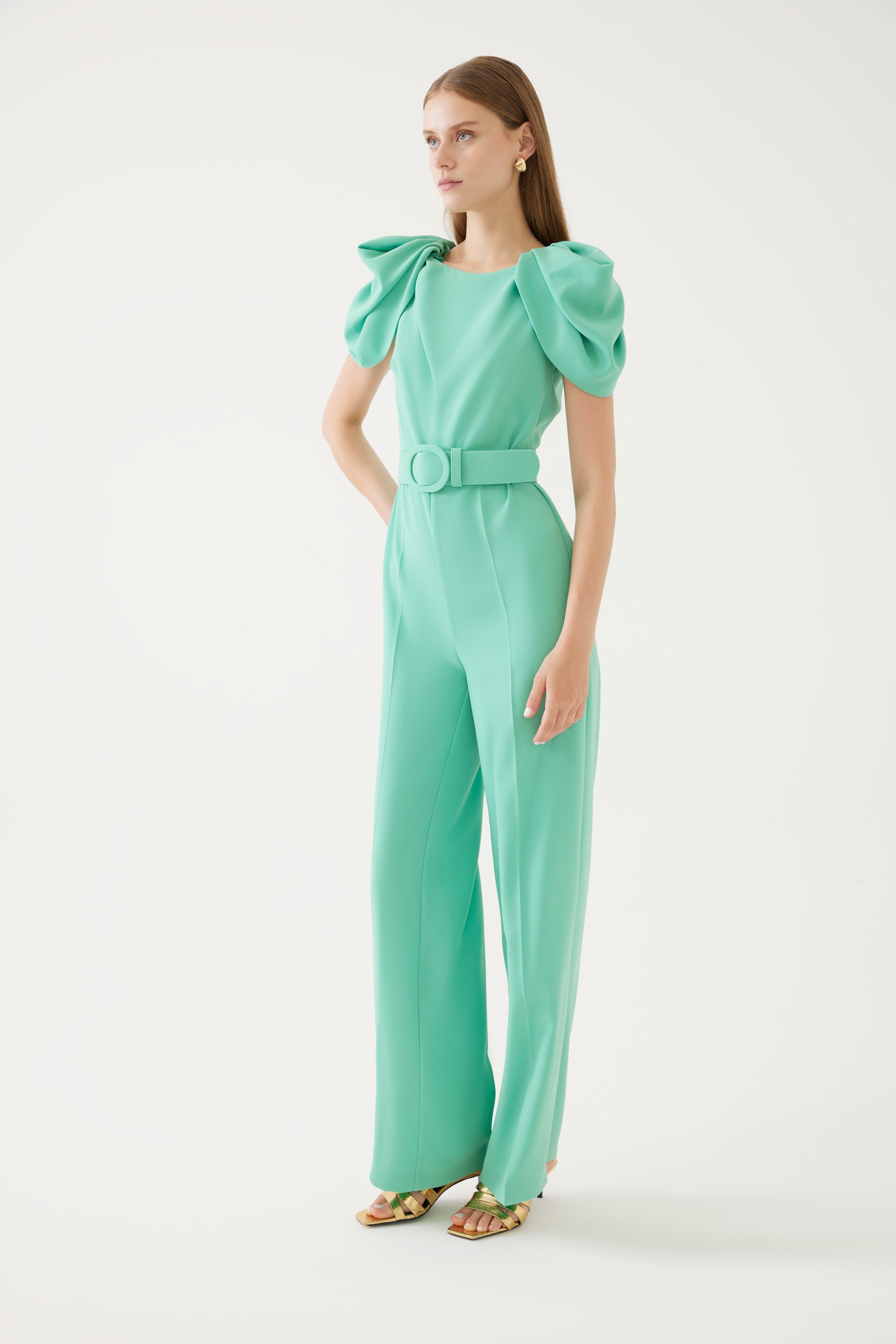 Sleeve Detailed Belted Jumpsuit