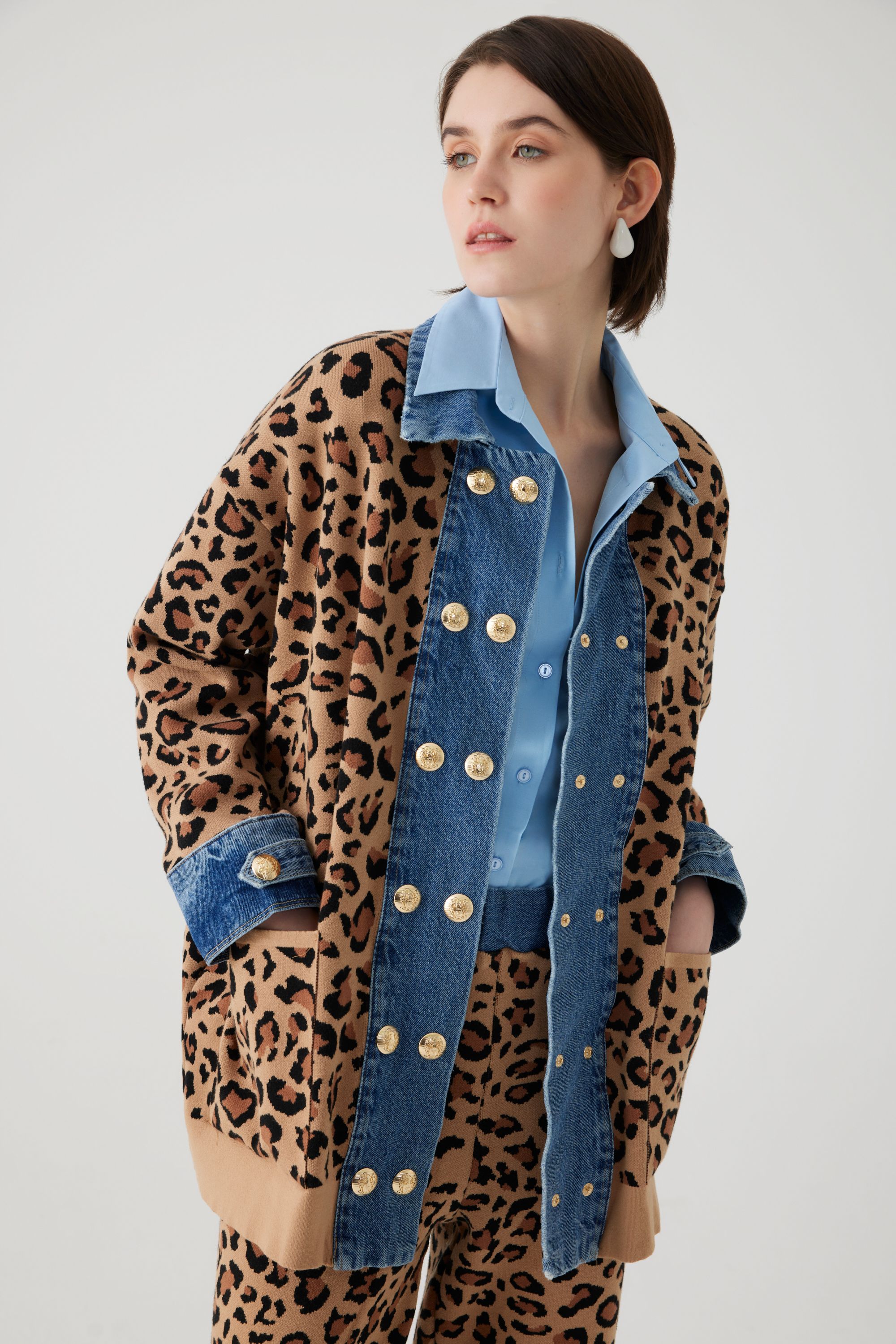 Leopar Desen Denim Garnili Kahverengi Oversize Hırka