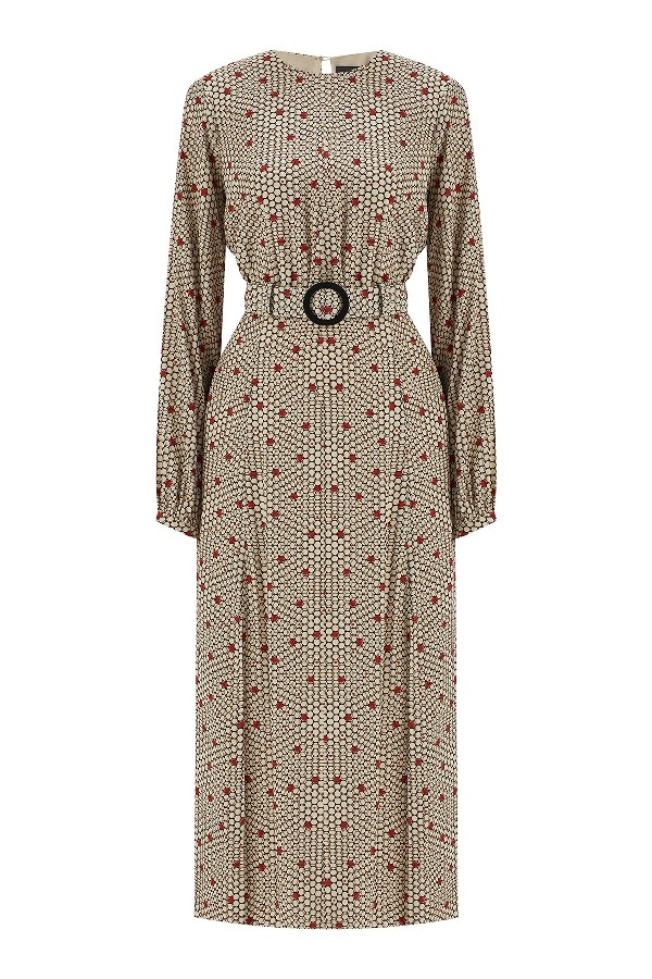 Belted Slit Dot Pattern Dress