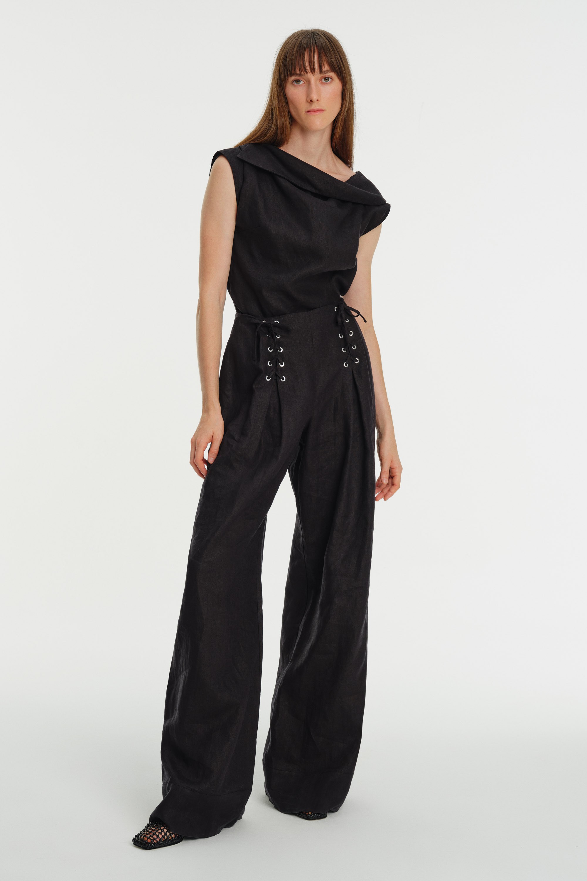 High-Waisted Eyelet Detailed Linen Palazzo Pants