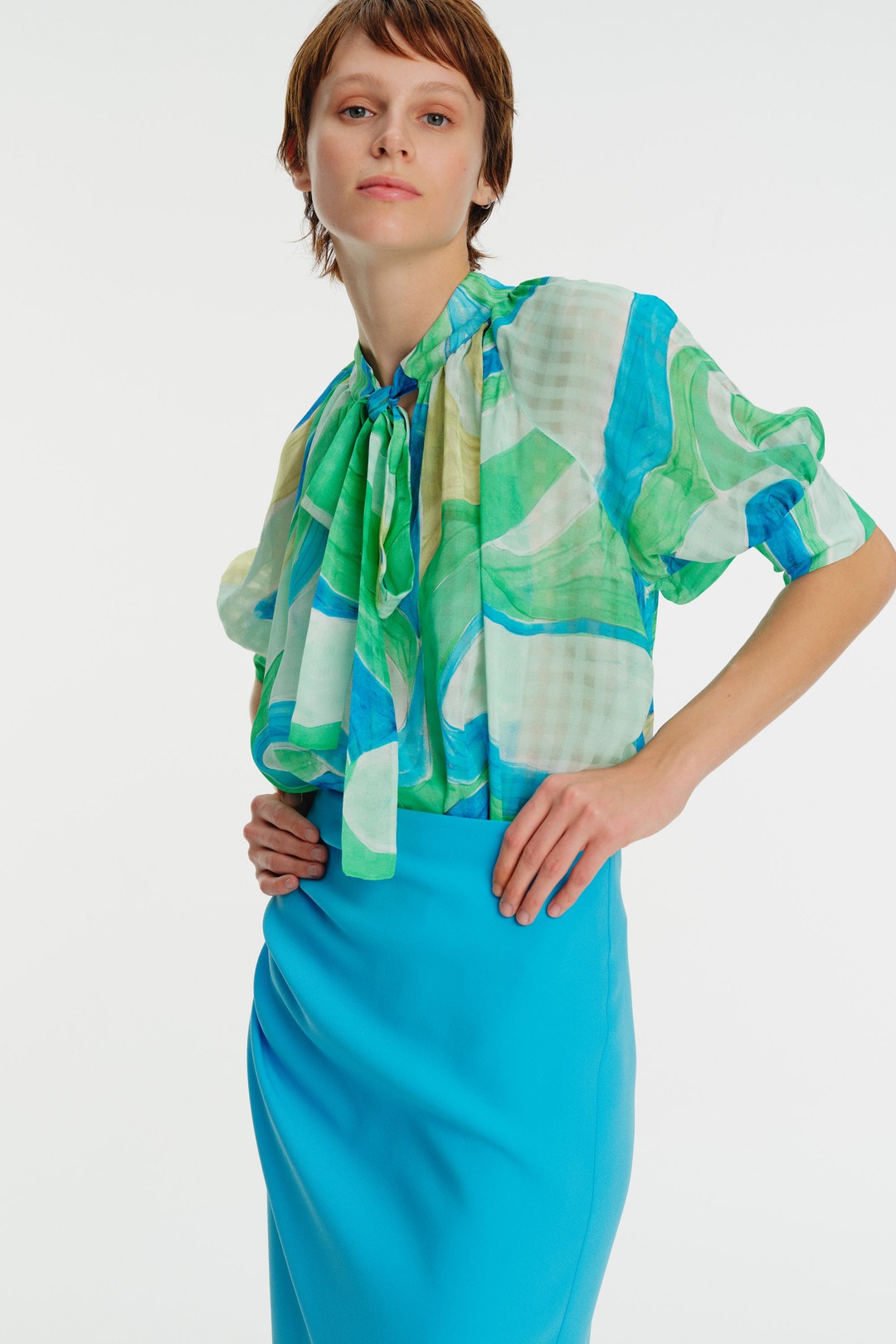 Patterned Rayon Blouse with Tie Collar 1