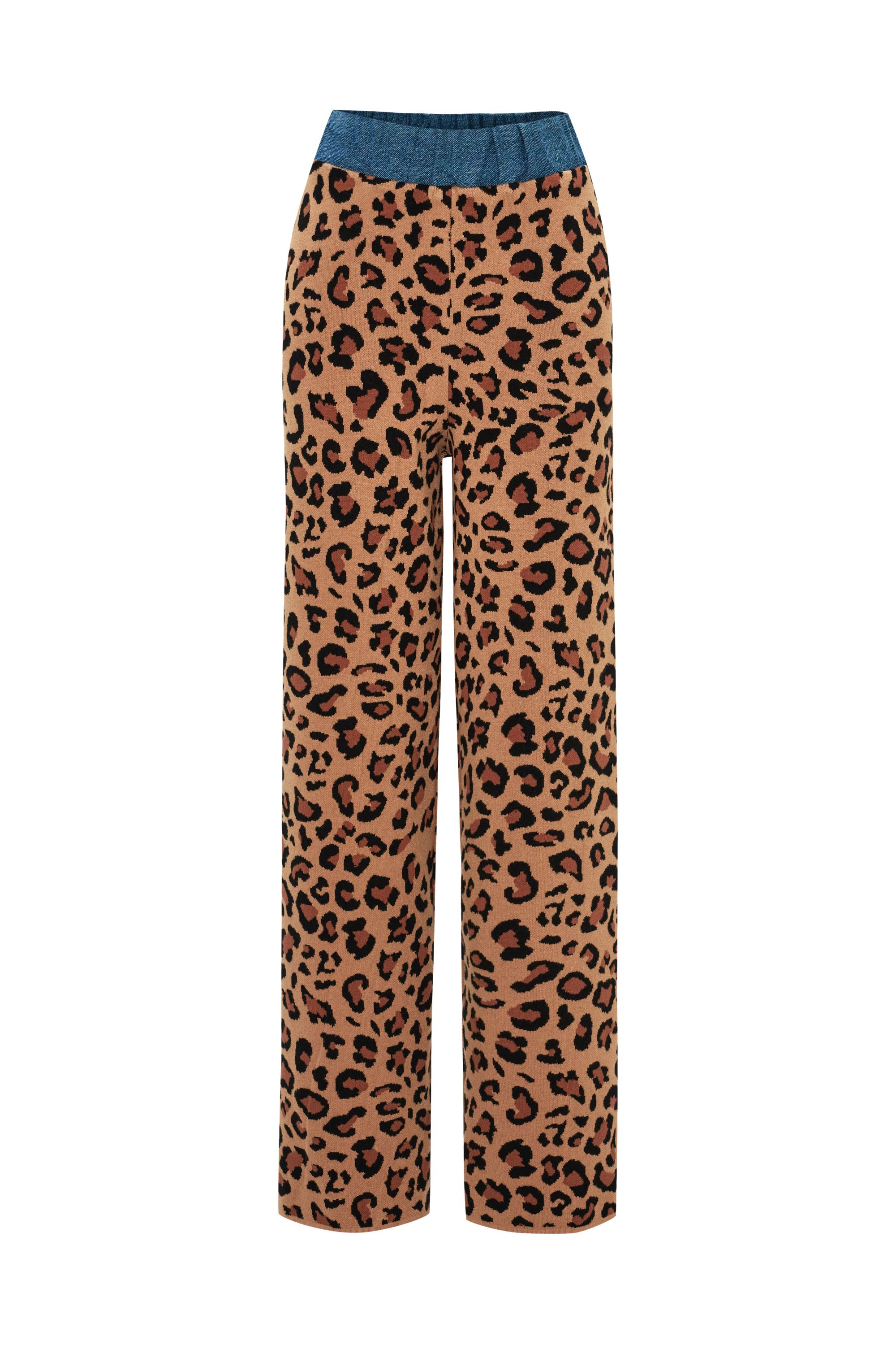 High Waist Leopard Pattern Elastic Waist Denim Garnished Regular Knit Trousers