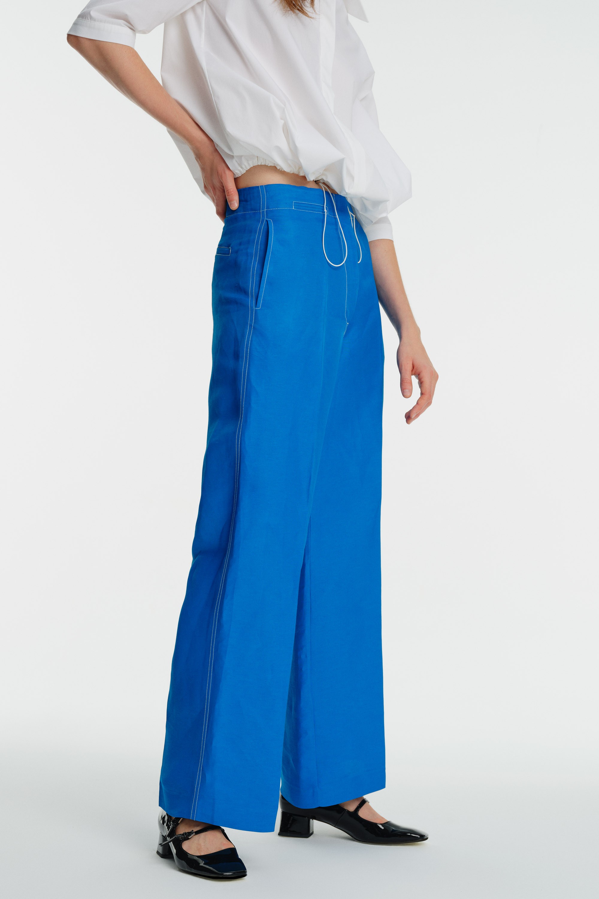 Linen Blend Palazzo Pants with Stitching Detail