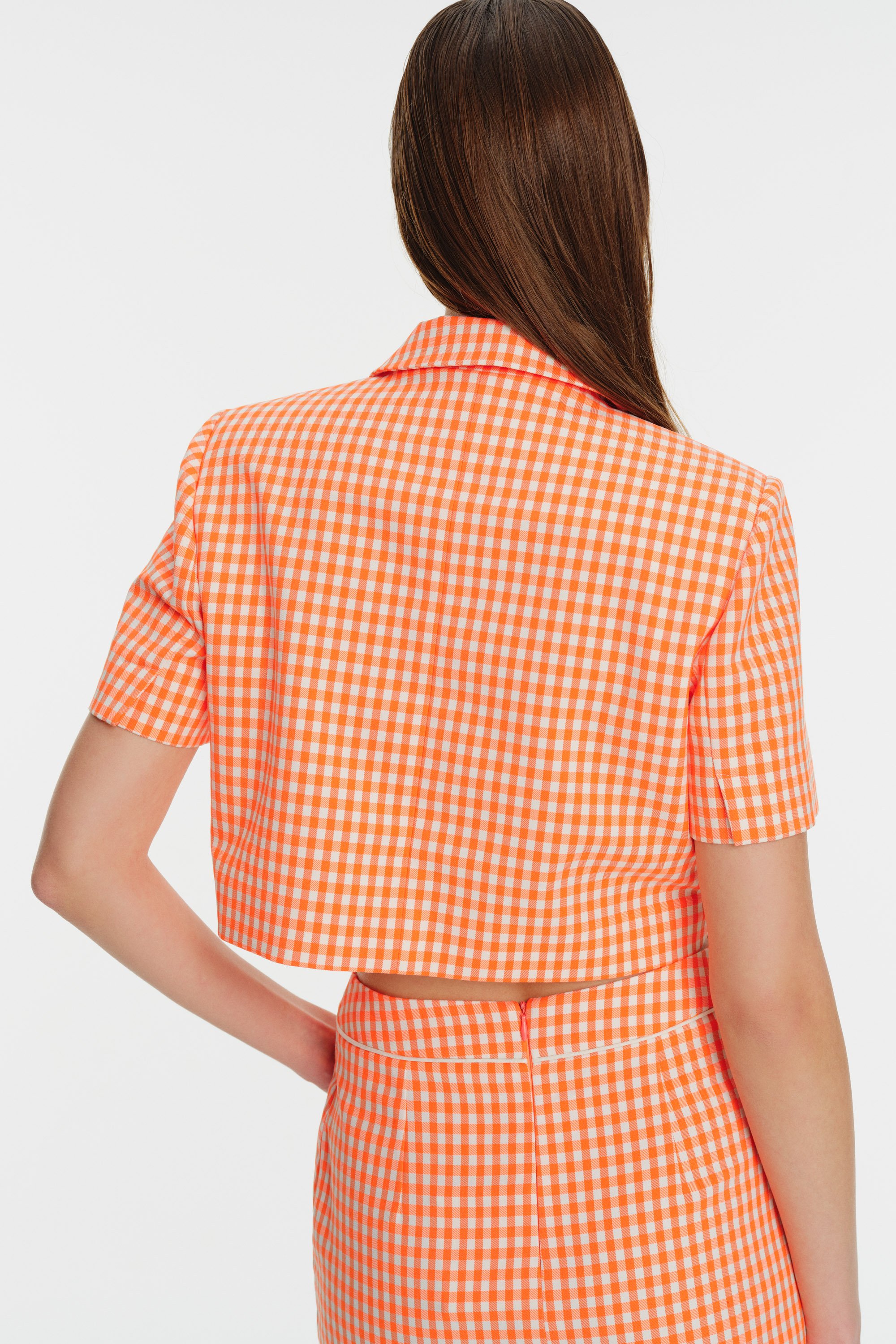 Checkered Pattern Single Button Short Sleeve Crop Jacket