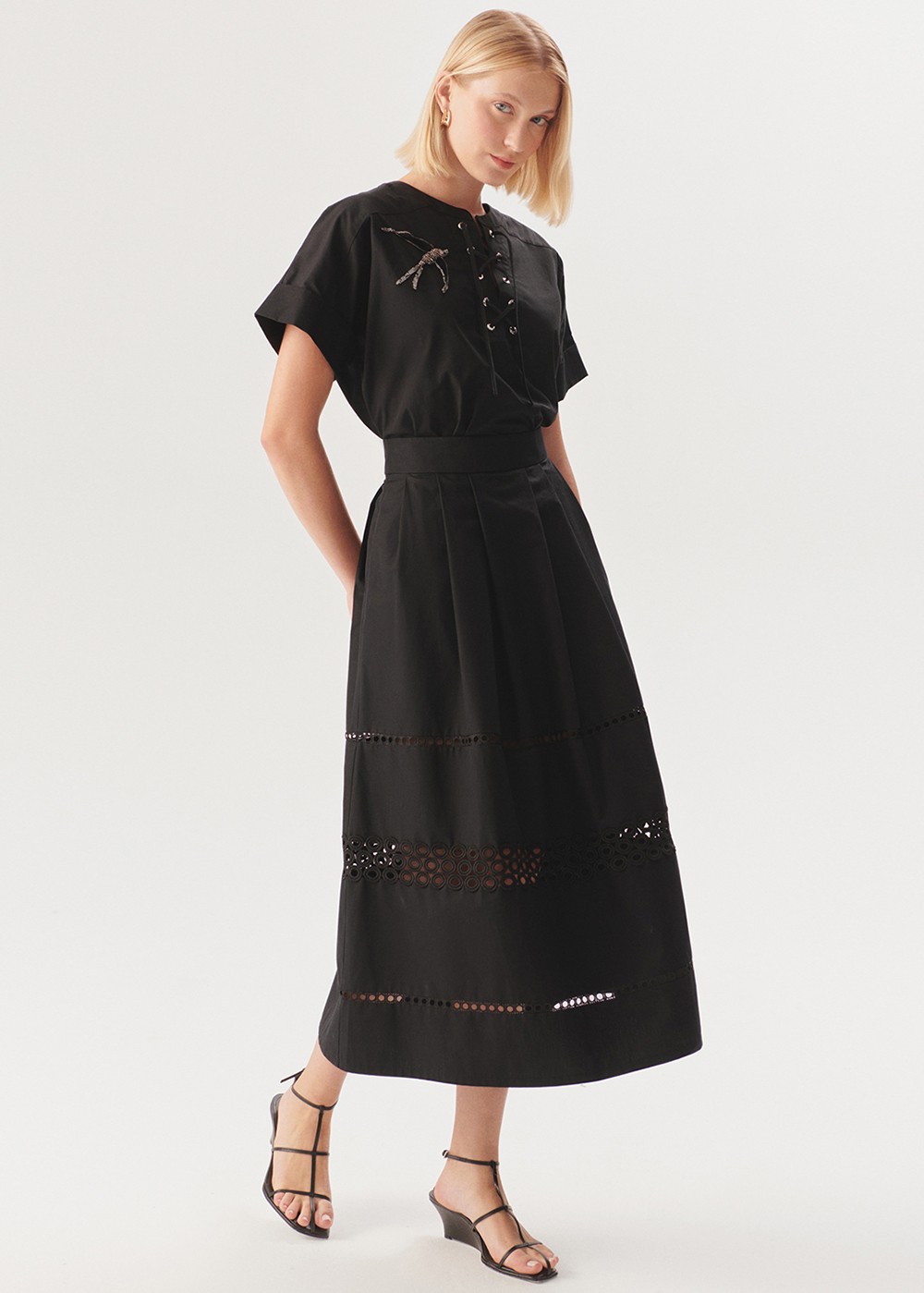 Embroidered Eyelet Midi Skirt