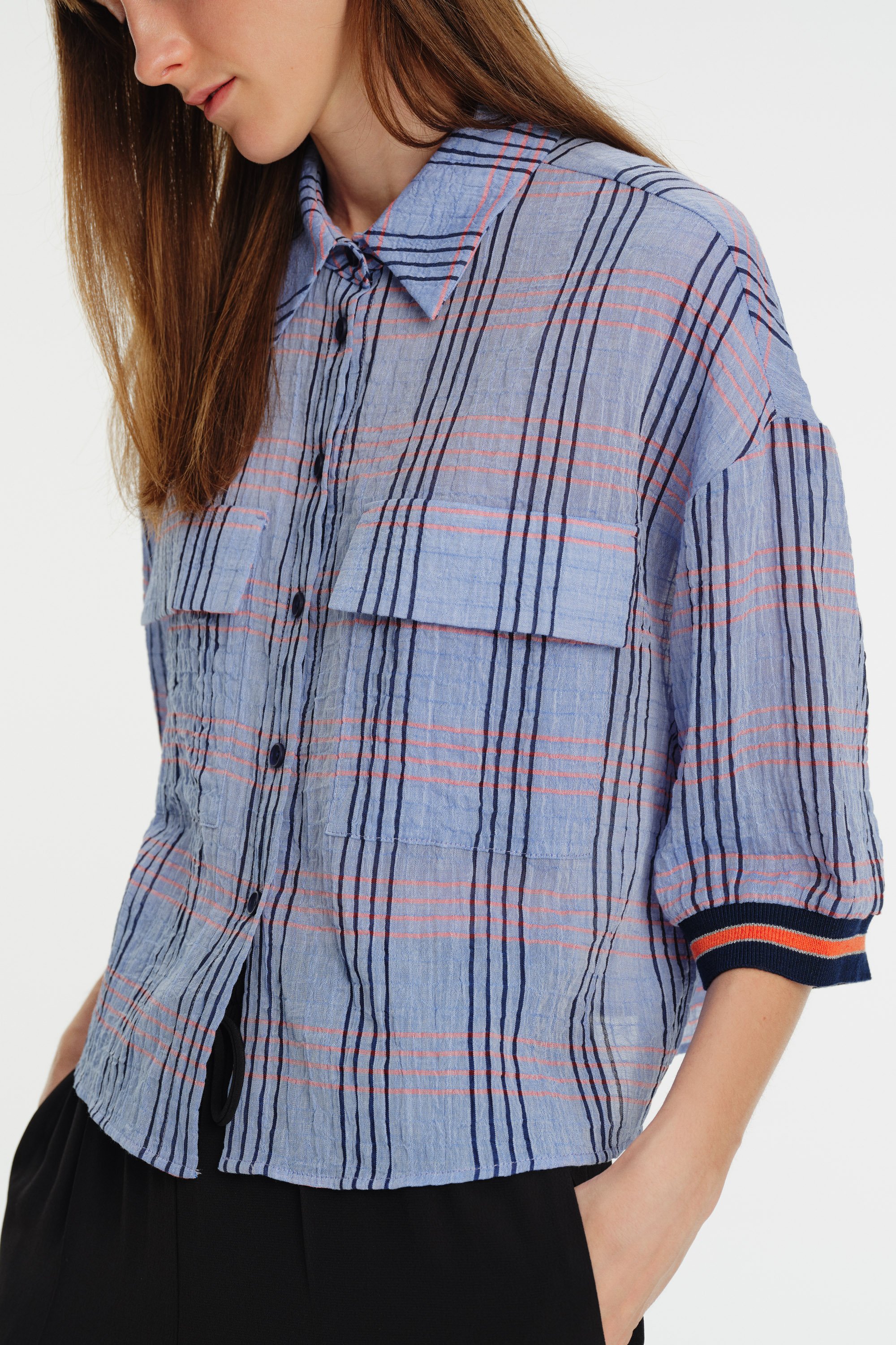 Ribbed Detail Three-Quarter Sleeve Plaid Printed Shirt