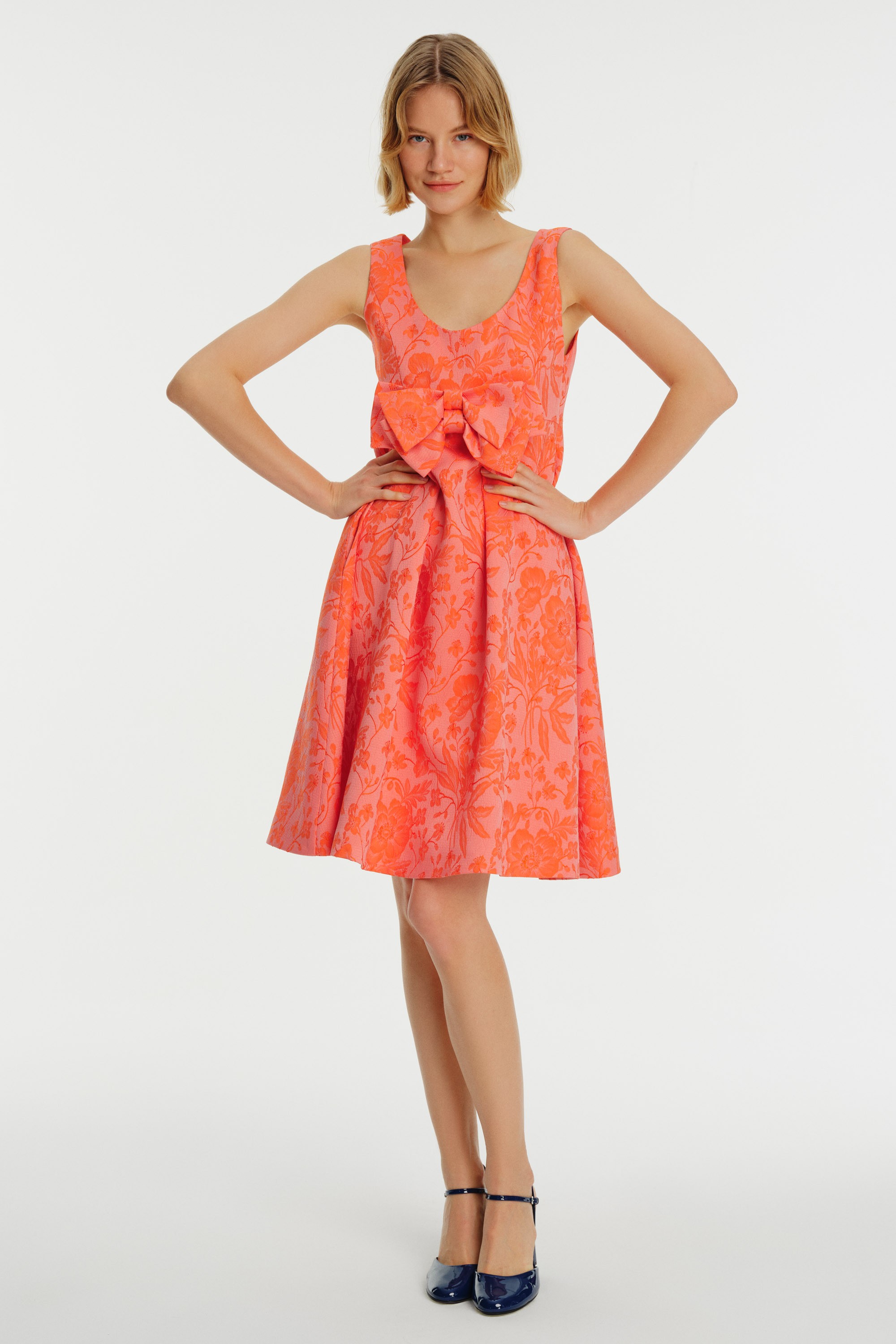 Flower Patterned Bow Detailed Pleated Dress