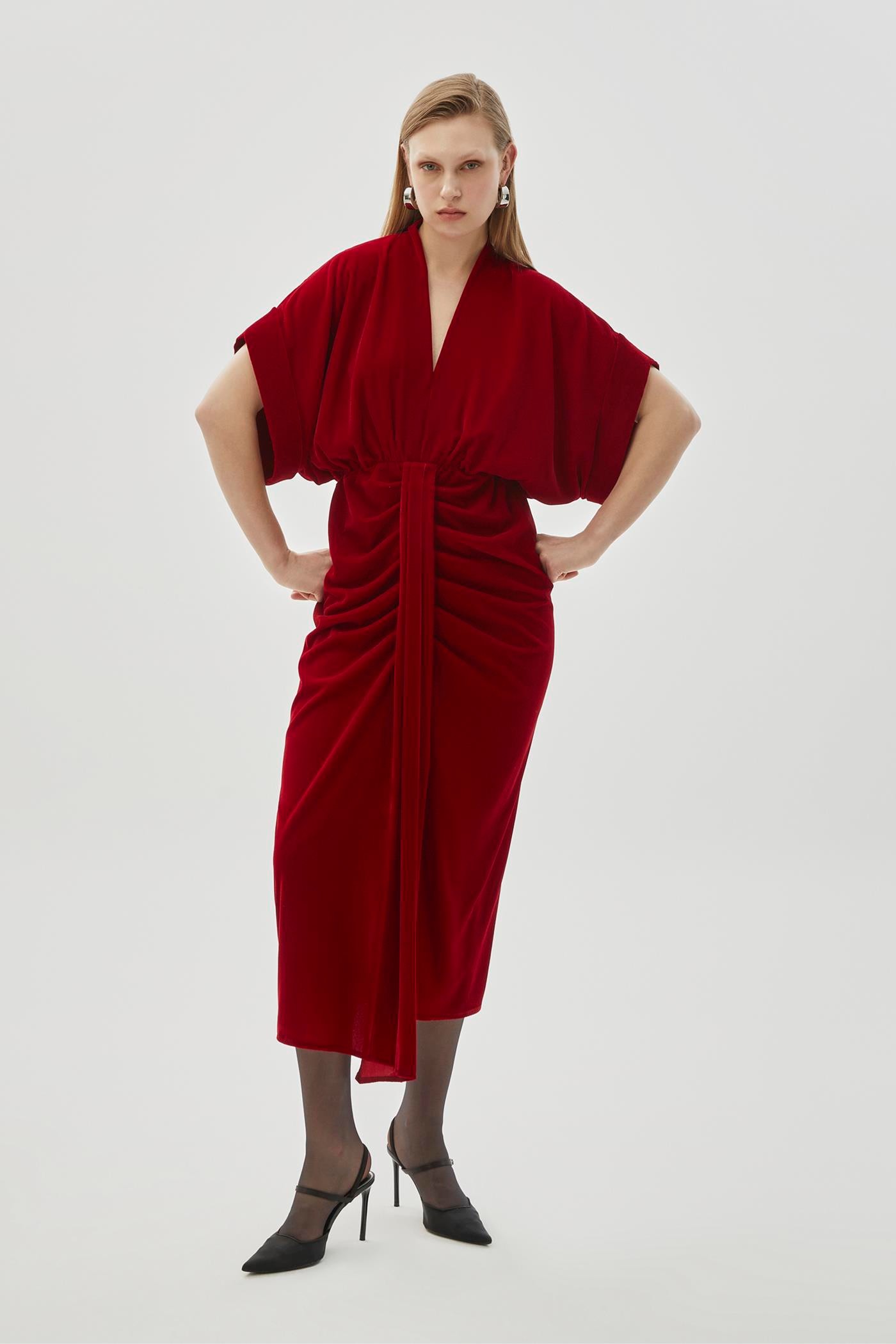 V Neck Velvet Midi Dress