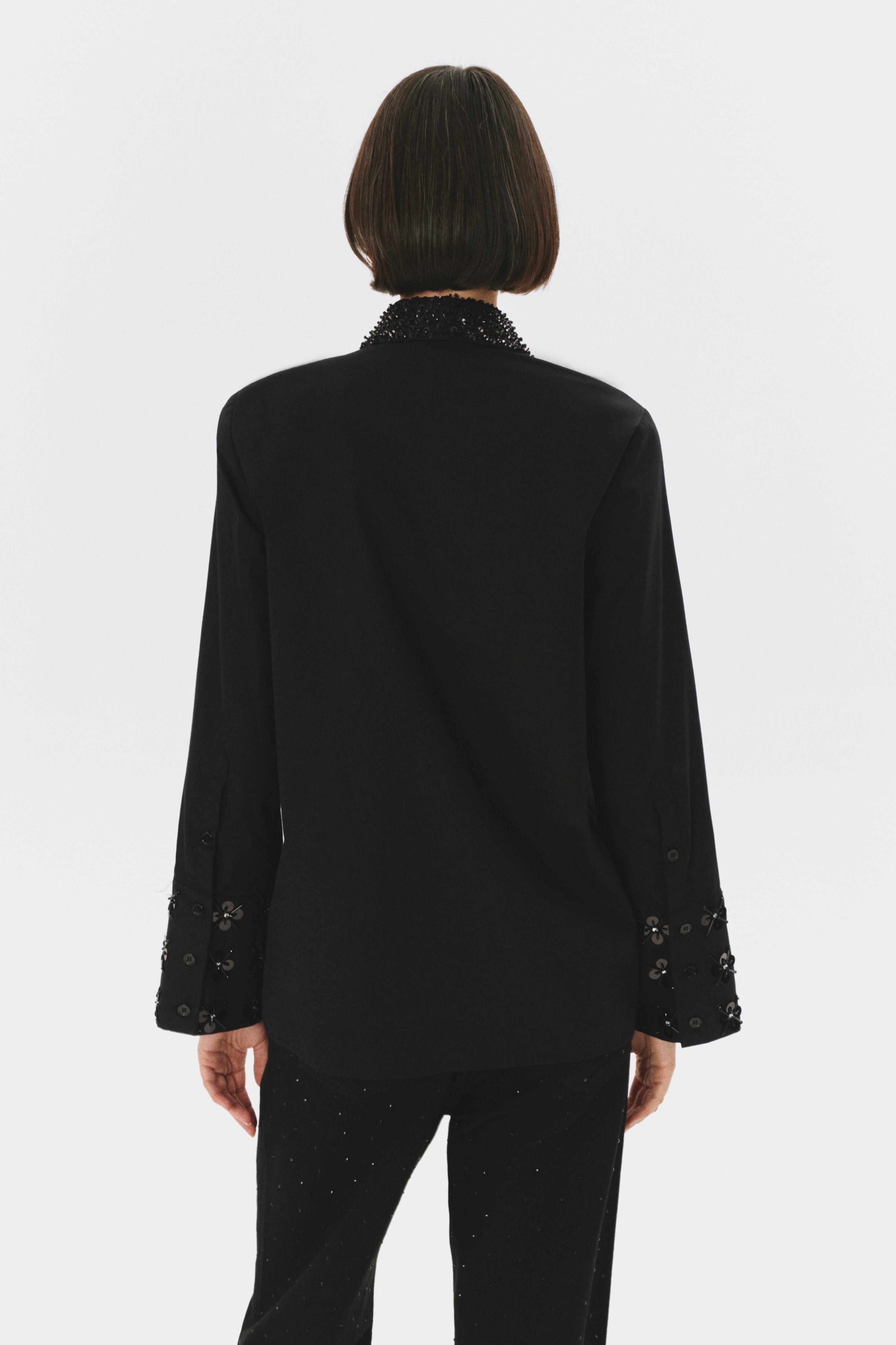 Sequin Detailed and Floral Embroidered Sleeves Cotton Regular Black Shirt