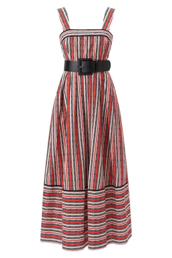 Wide Strap Pleated Striped Printed Midi Cotton Dress