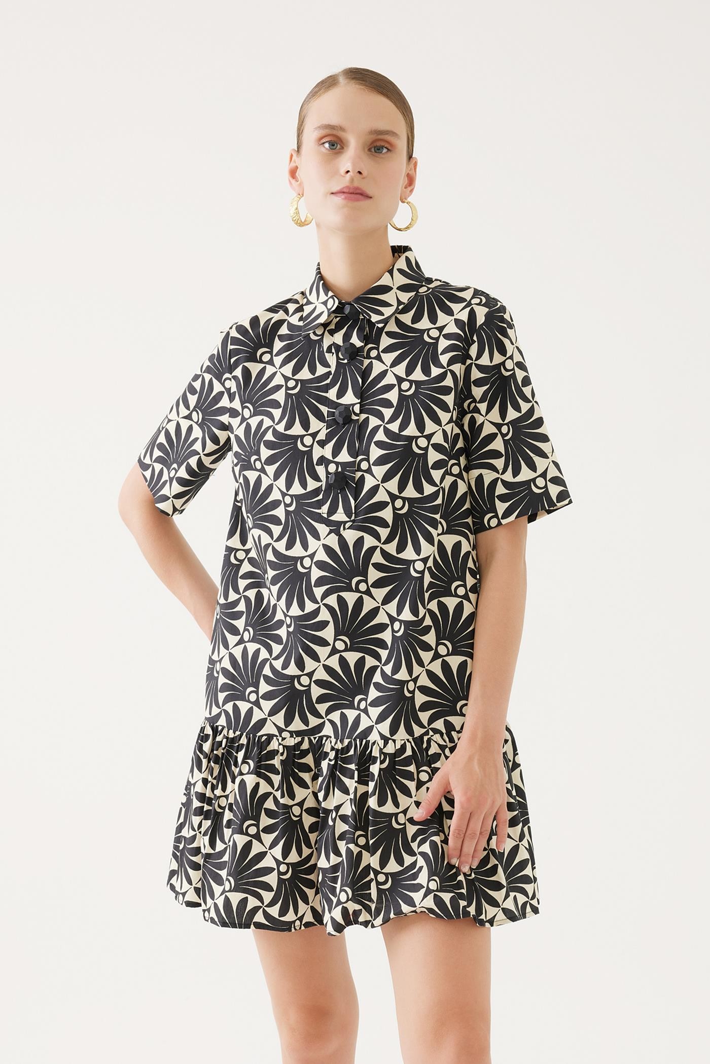 Shirt Collar Patterned Mini Dress