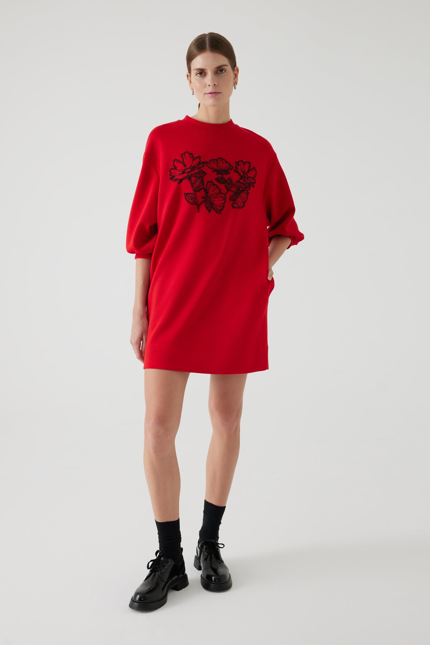 Embroidered Oversized Lycra Red Knit Dress