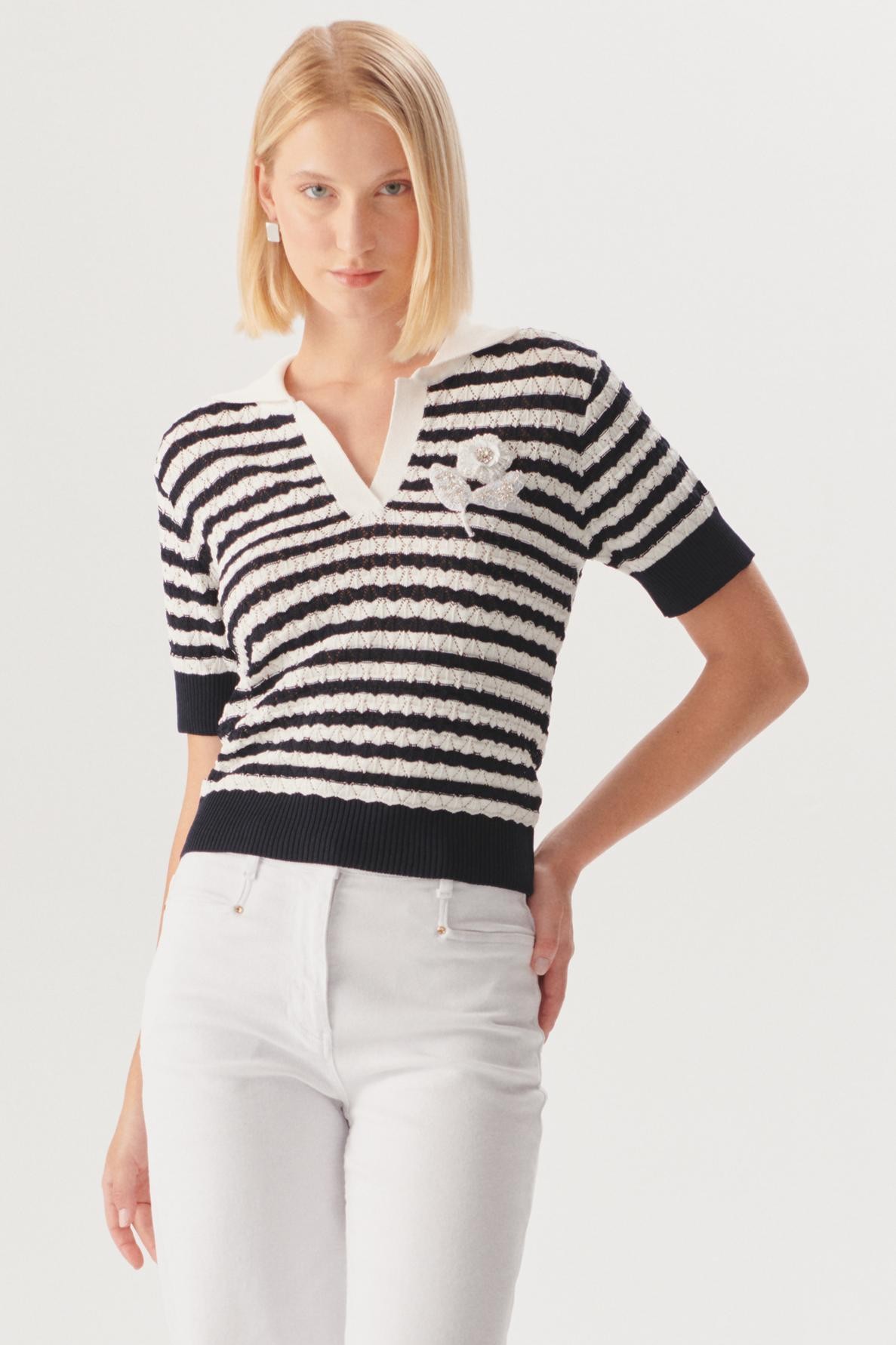 Striped Knit Polo Top