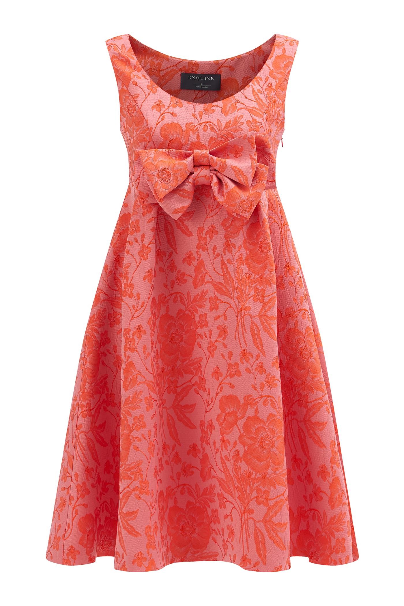 Flower Patterned Bow Detailed Pleated Dress