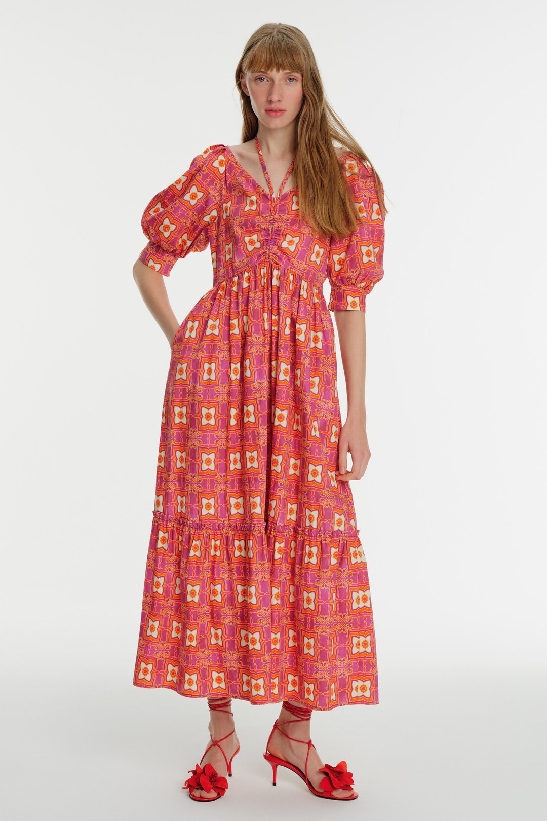 Short Sleeve Patterned Midi Length Cotton Dress with Ties at the Neck 1