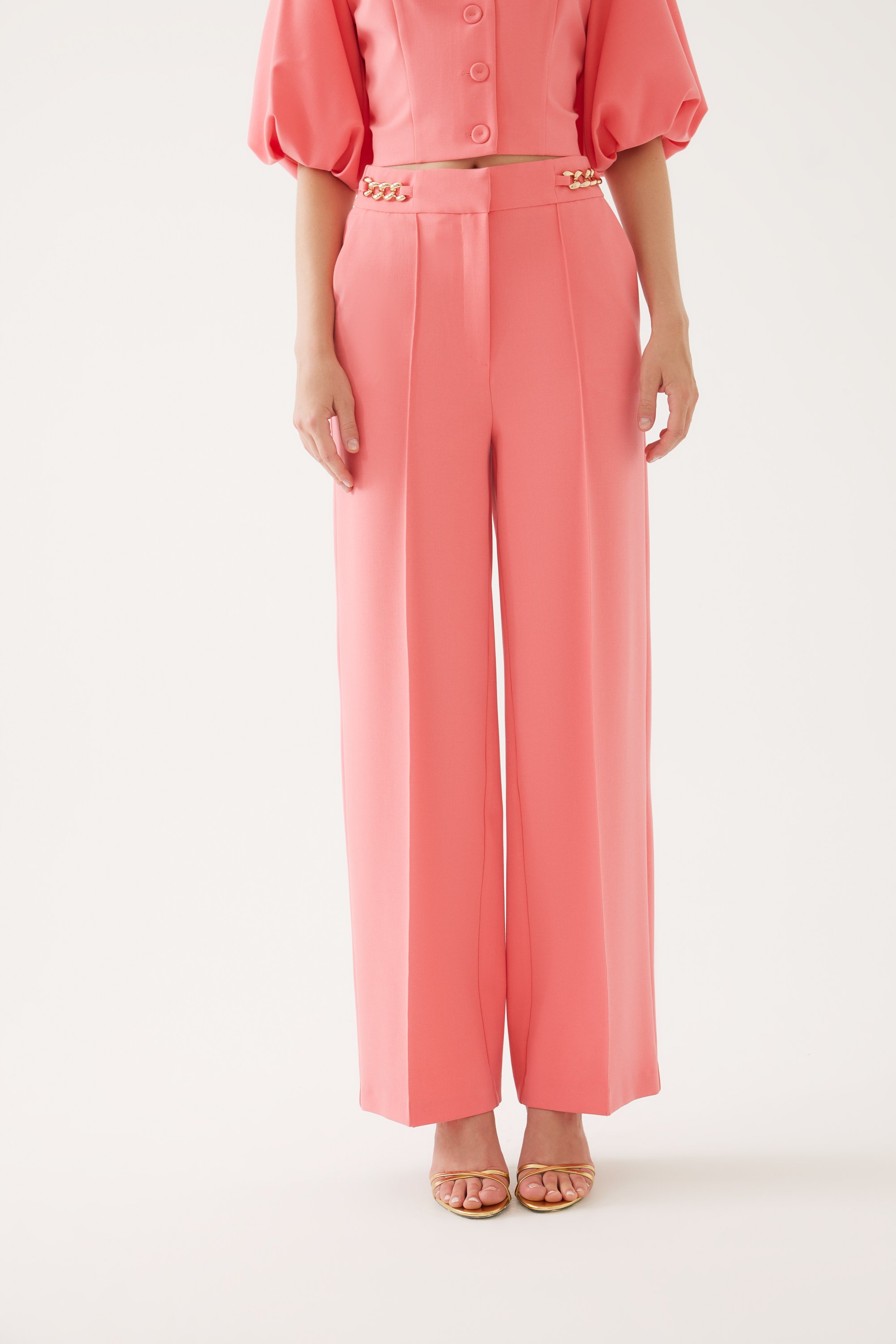 Chain Belted and Lined Fabric Trousers