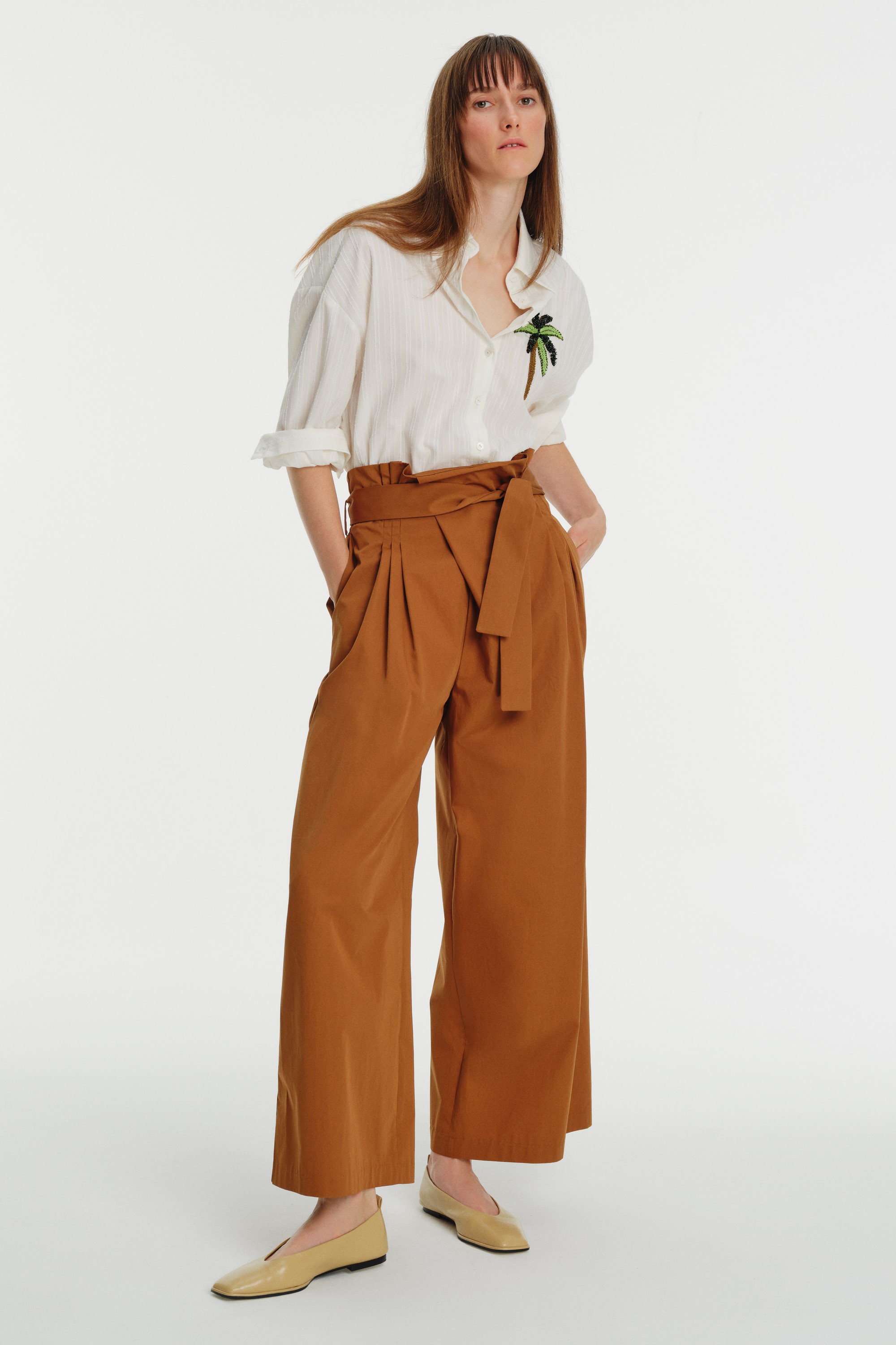 High-Waisted Pleated Tie Cotton Pants