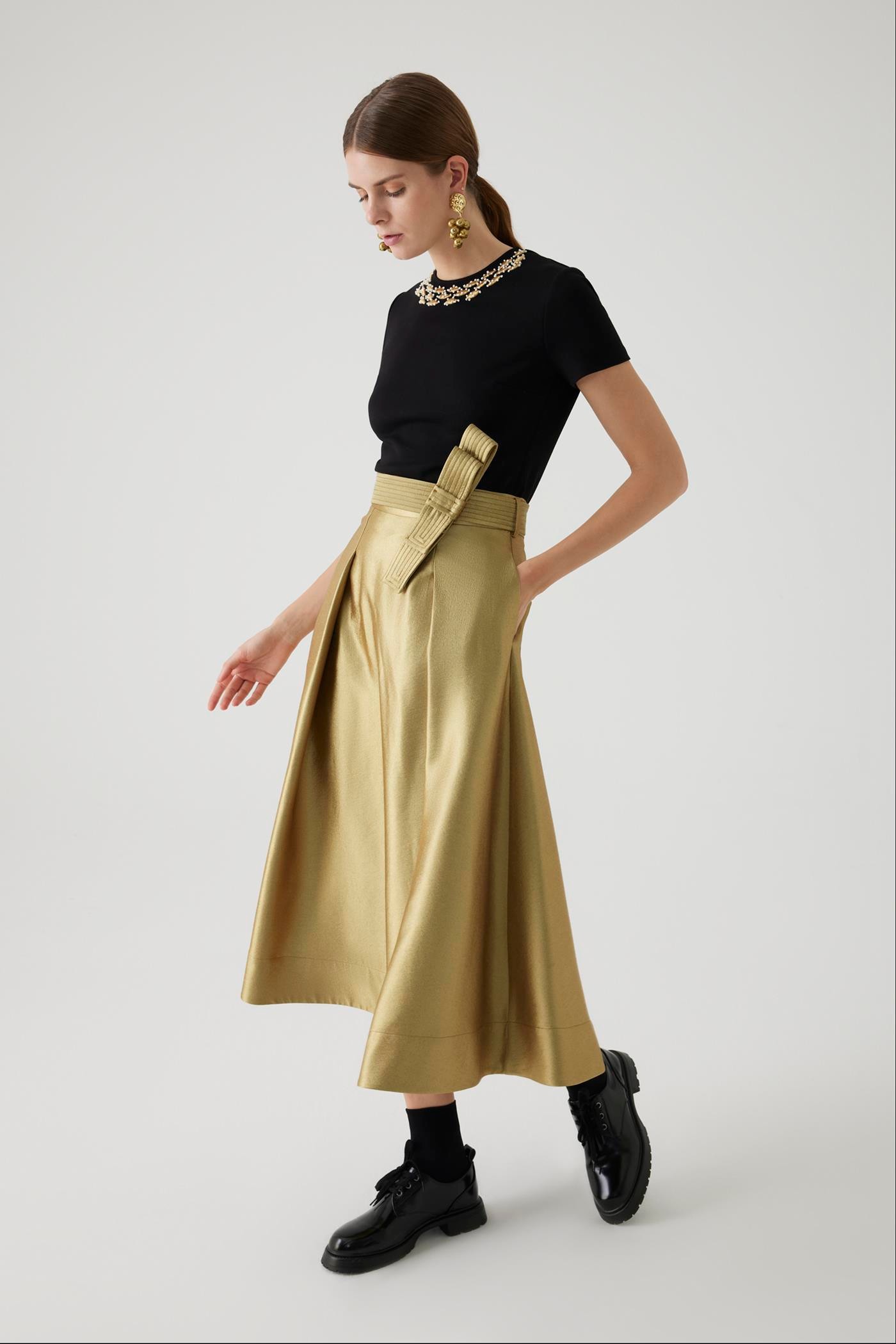 Belt Detail Regular Gold Midi Skirt