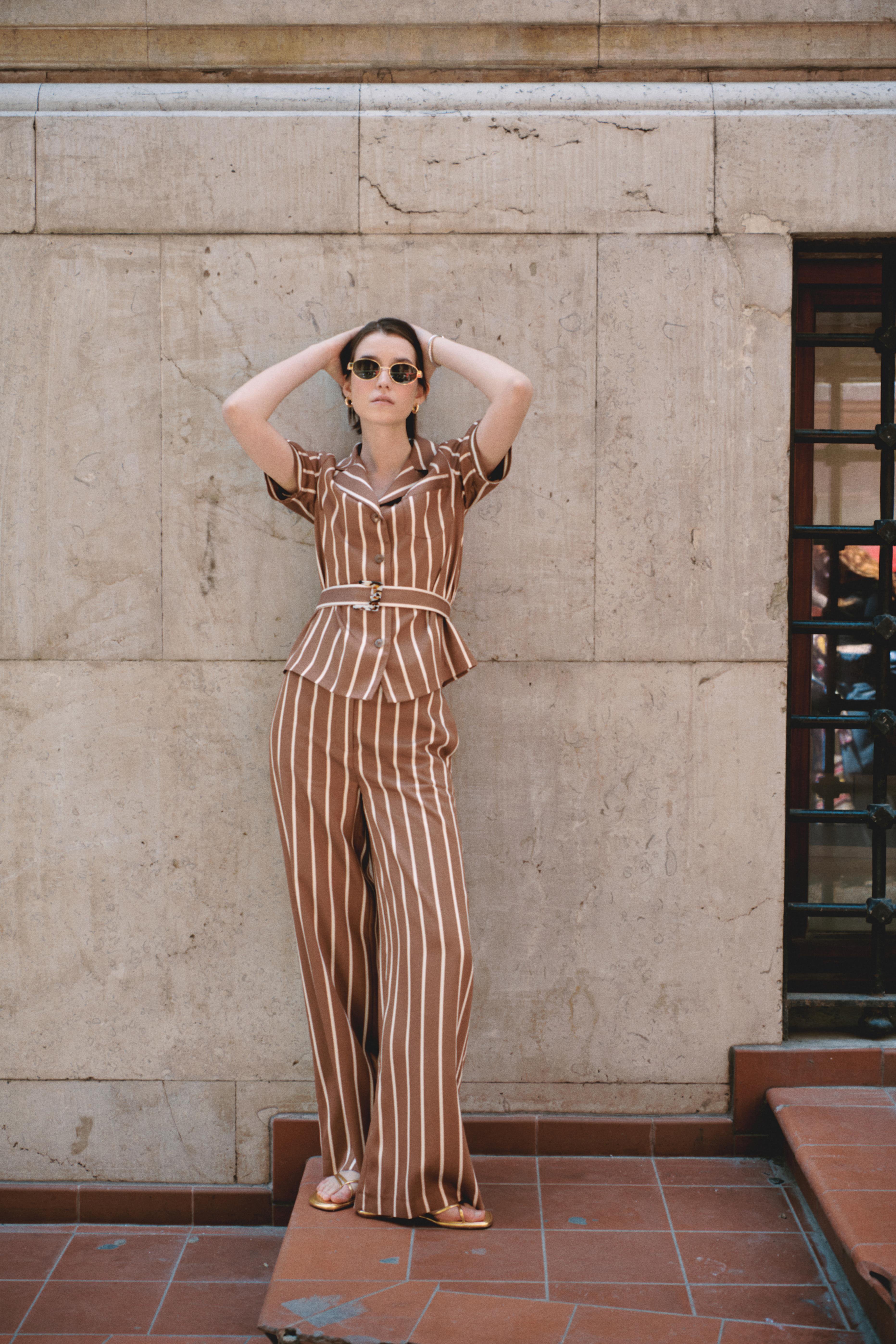 Striped and Belted Wide Leg Trousers