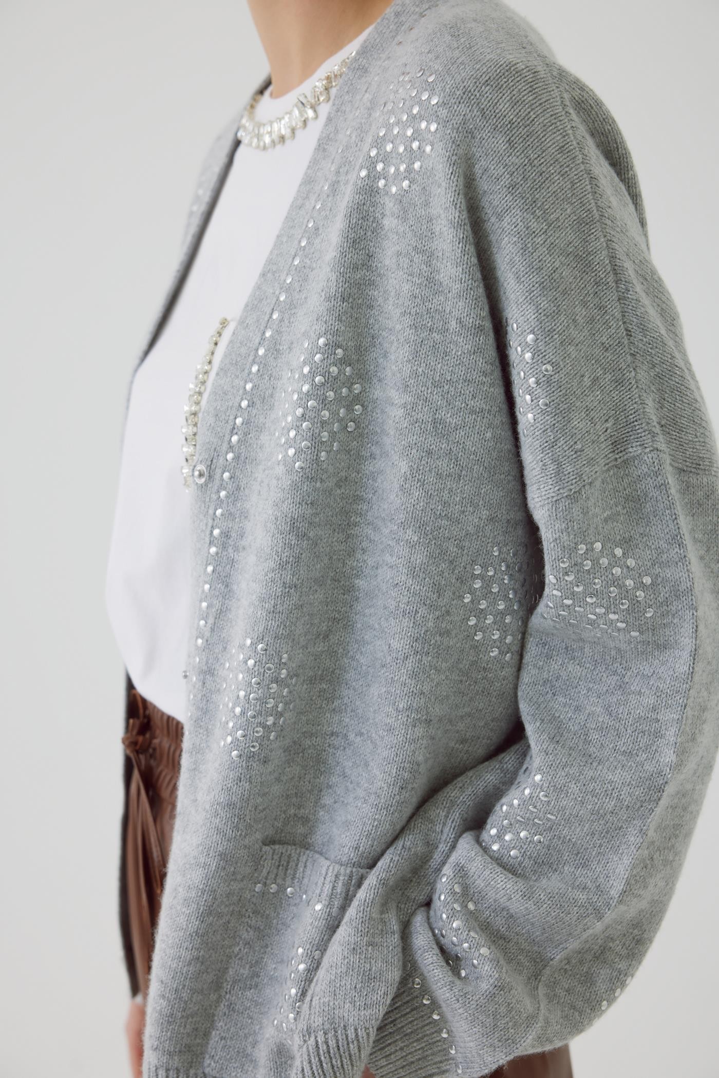 Regular Metal Sequin Printed Cashmere Grey Cardigan