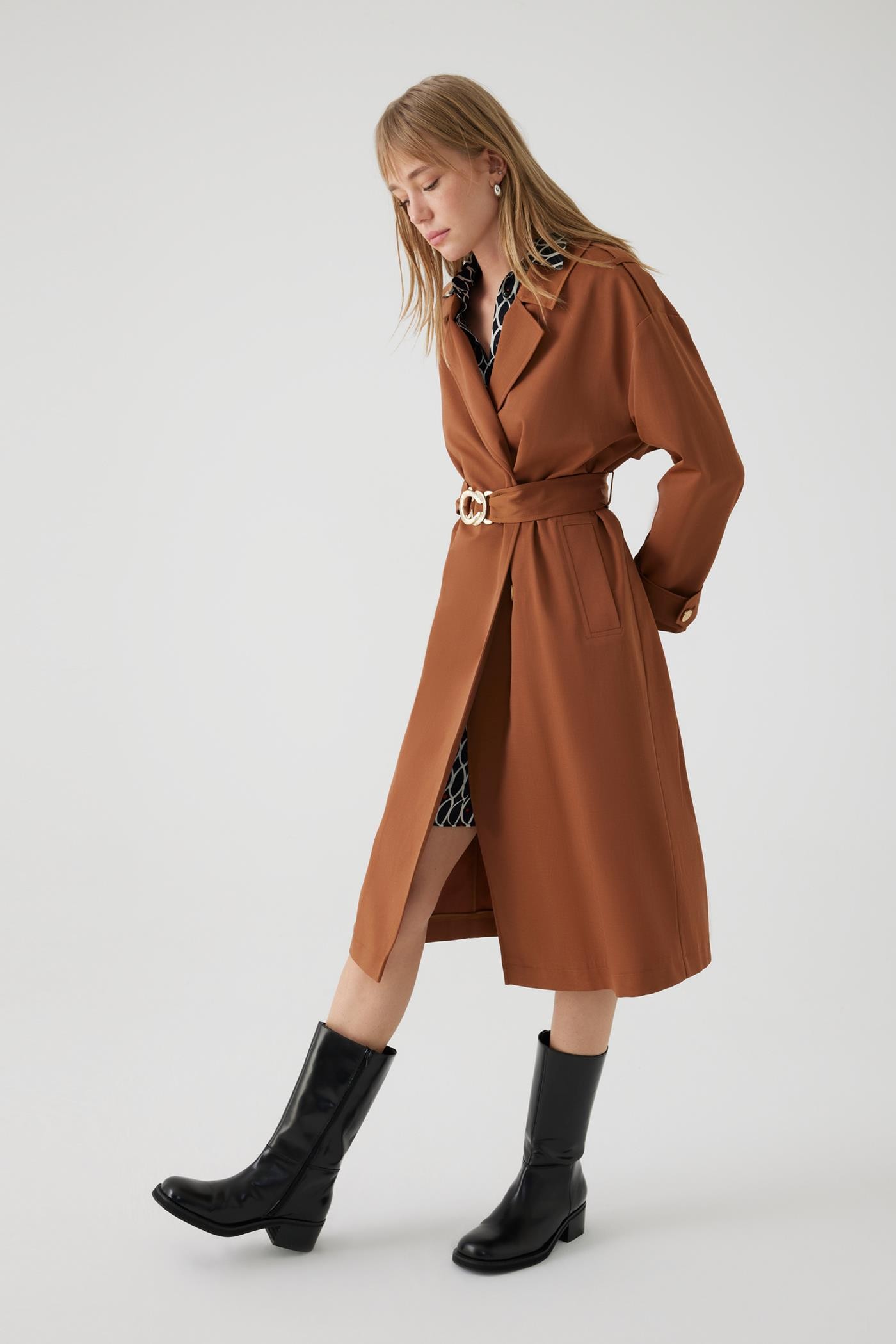 Belted Cotton Pocketed Regular Camel Trench Coat