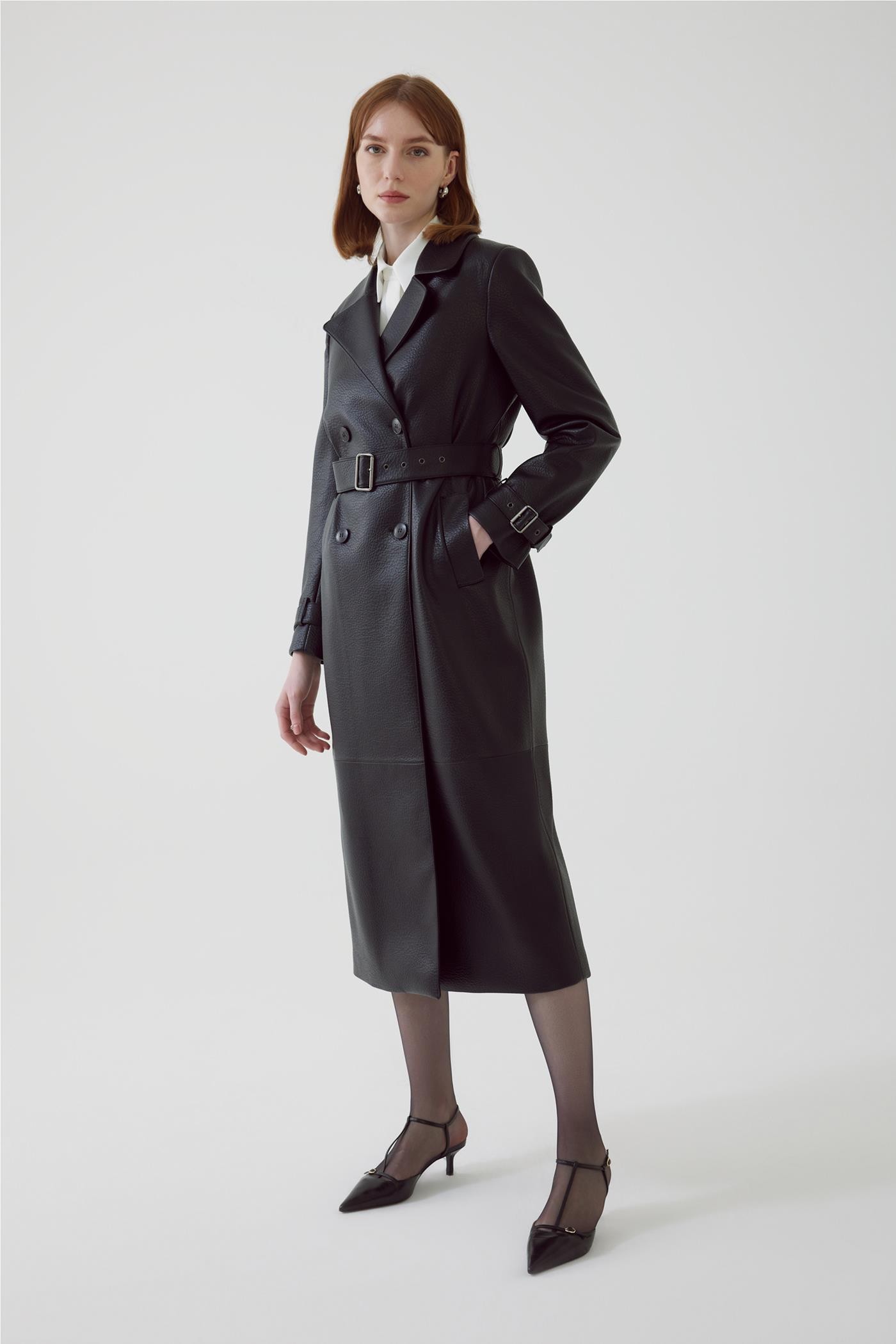 Belted Eco-leather Black Regular Trench Coat