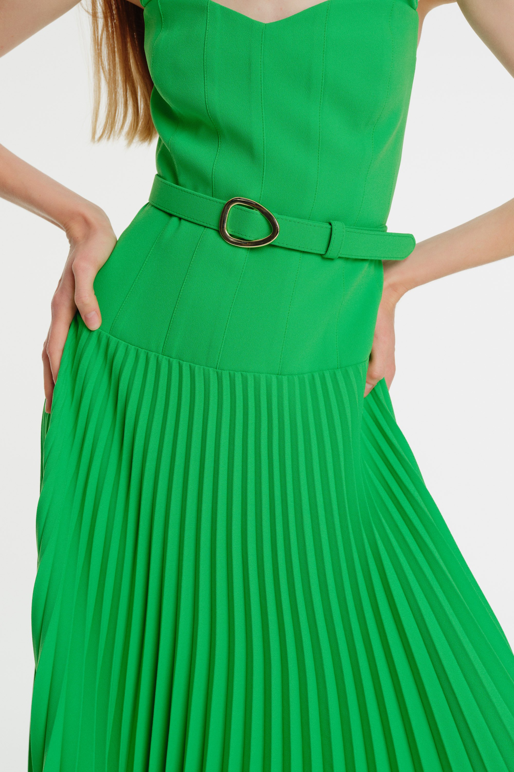 Plisoley Midi Length Crepe Dress with Belt Detail