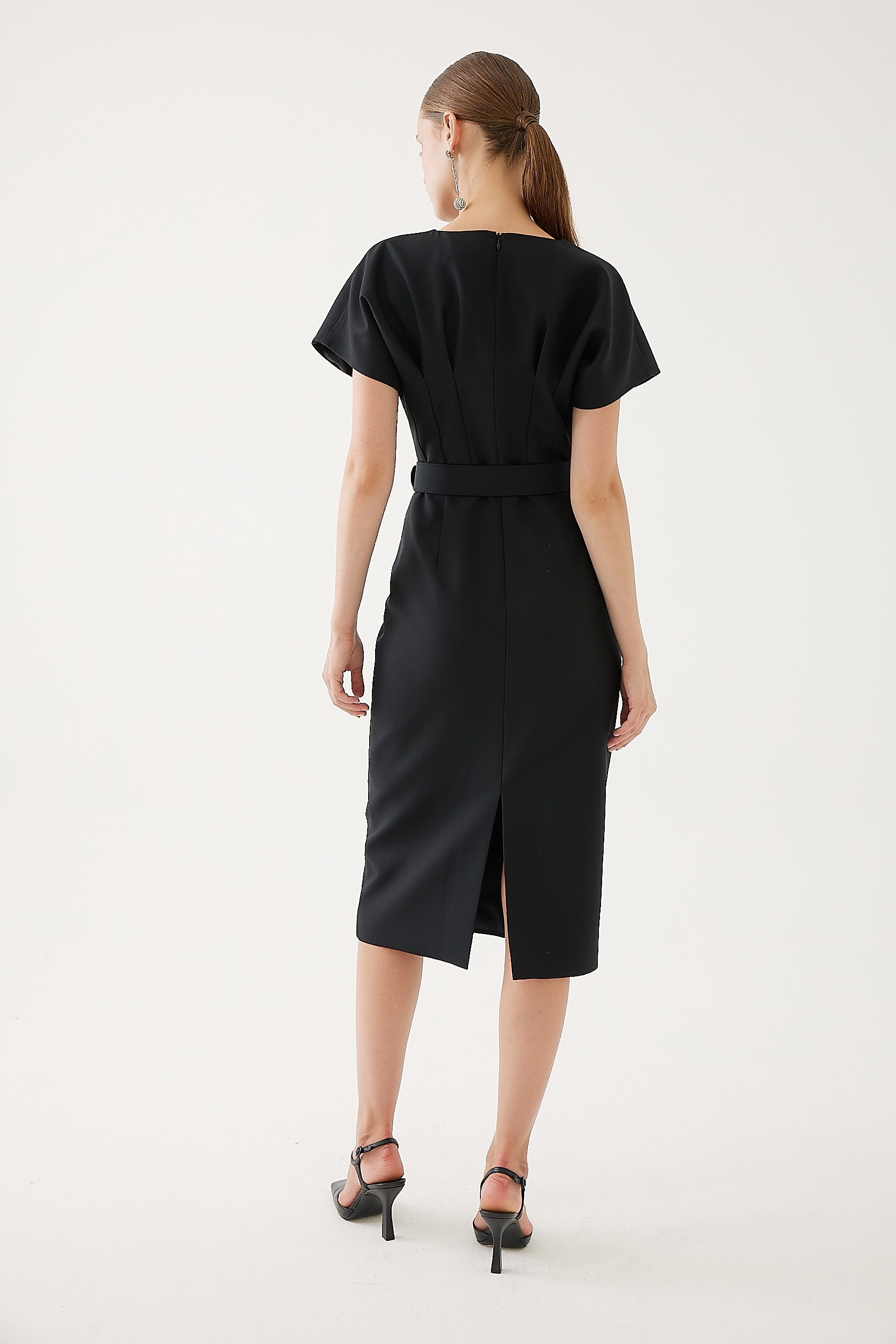 Belted Slim Fit Midi Black Dress