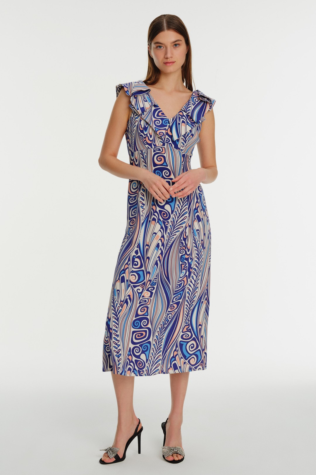 Sleeveless Midi Patterned Dress with Collar Pleated Detail 1