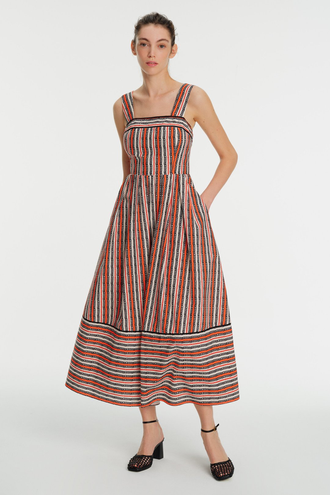 Wide Straps Pleated Line Patterned Midi Cotton Dress 1