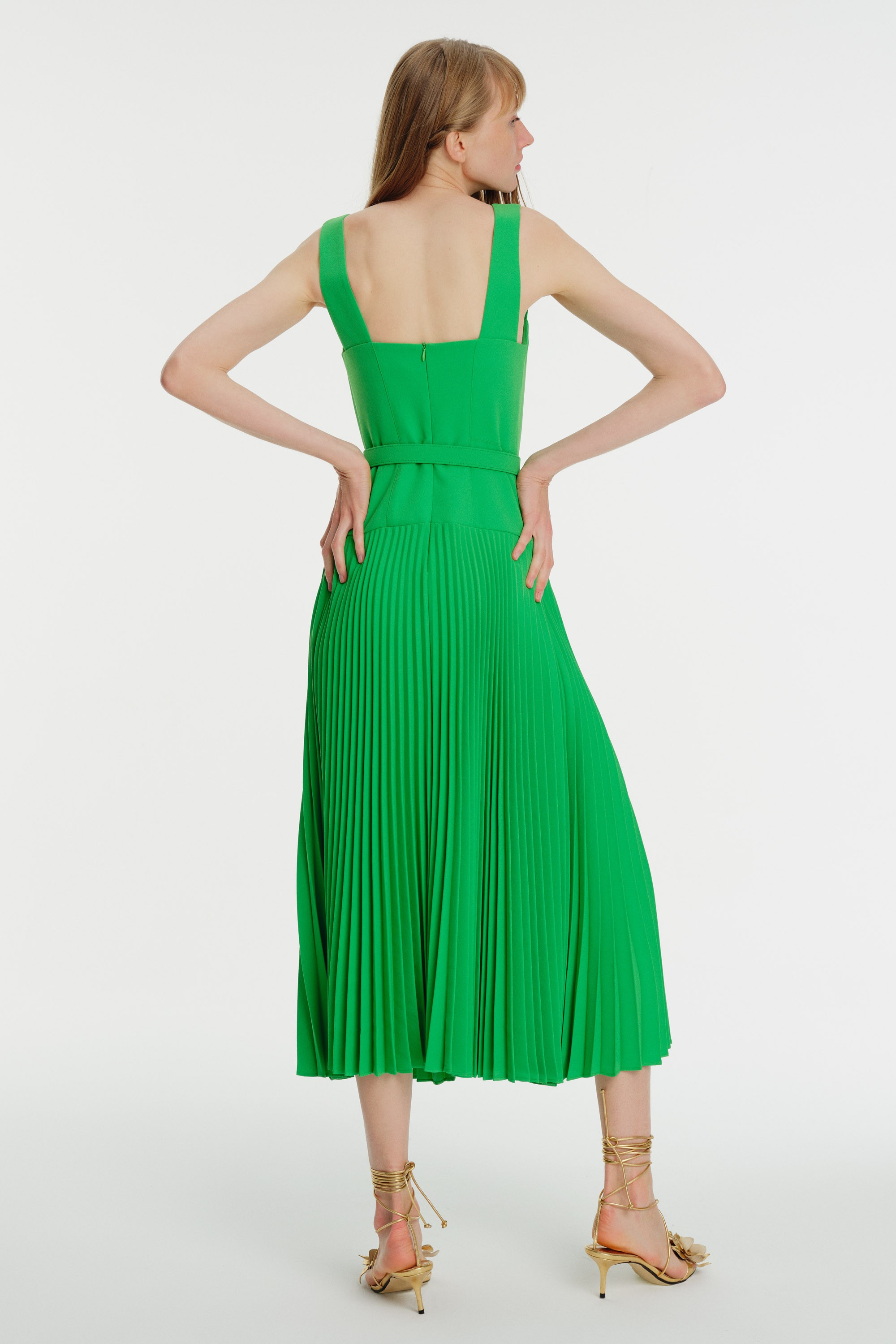 Plisoley Midi Length Crepe Dress with Belt Detail