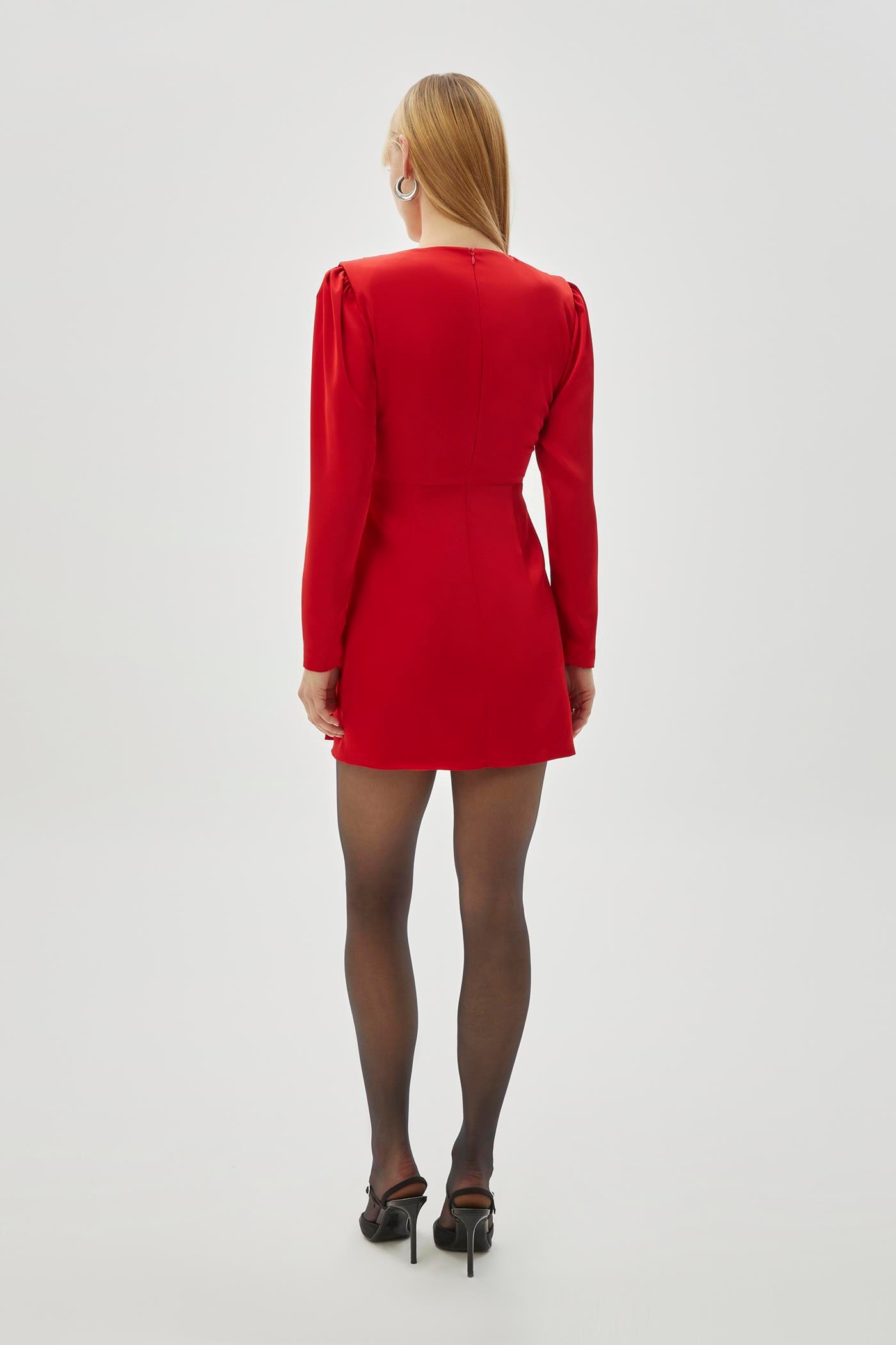 Red Crew Neck Waist Detail Midi Dress