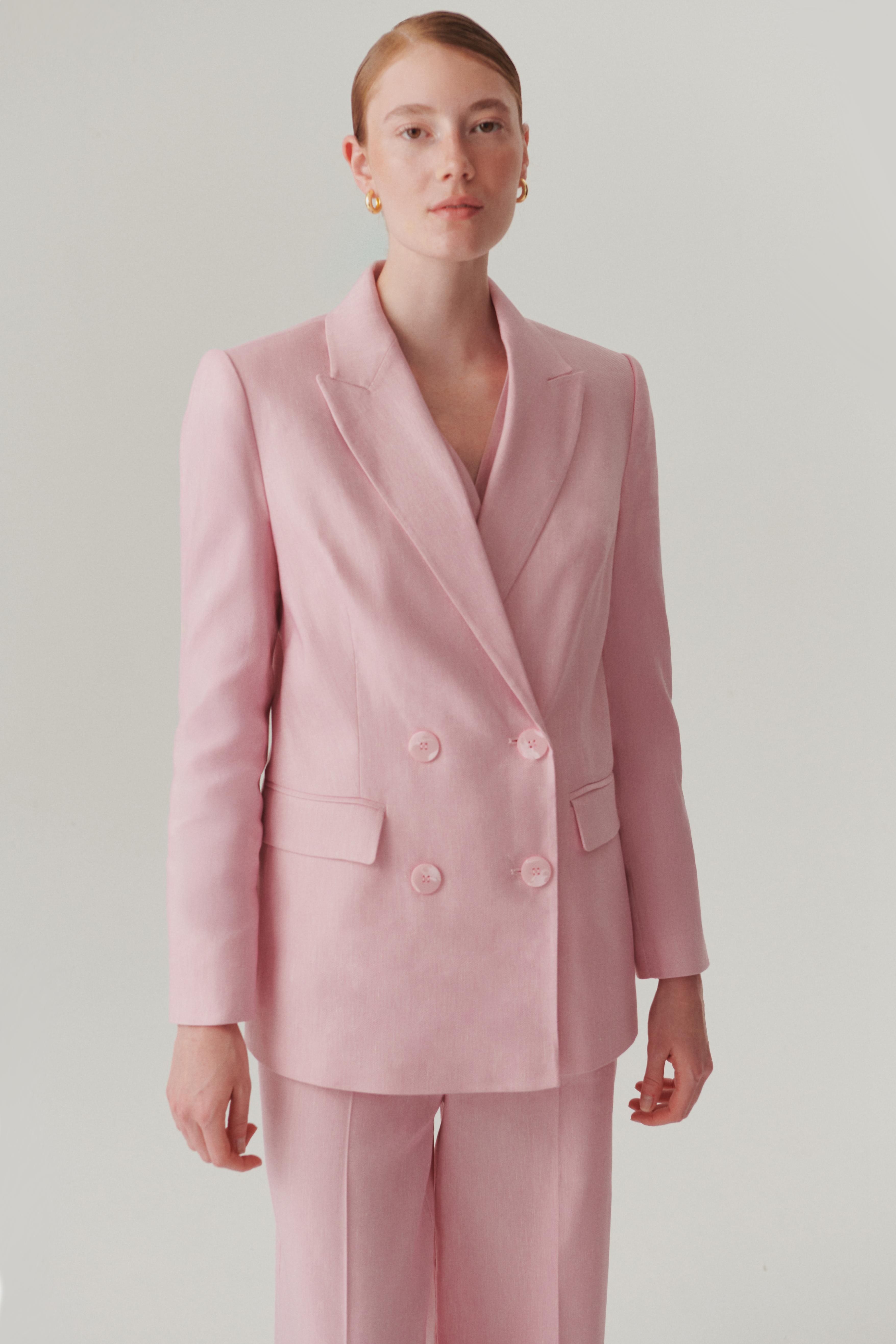 Kruvaze Yaka Keten Regular Pembe Blazer Ceket