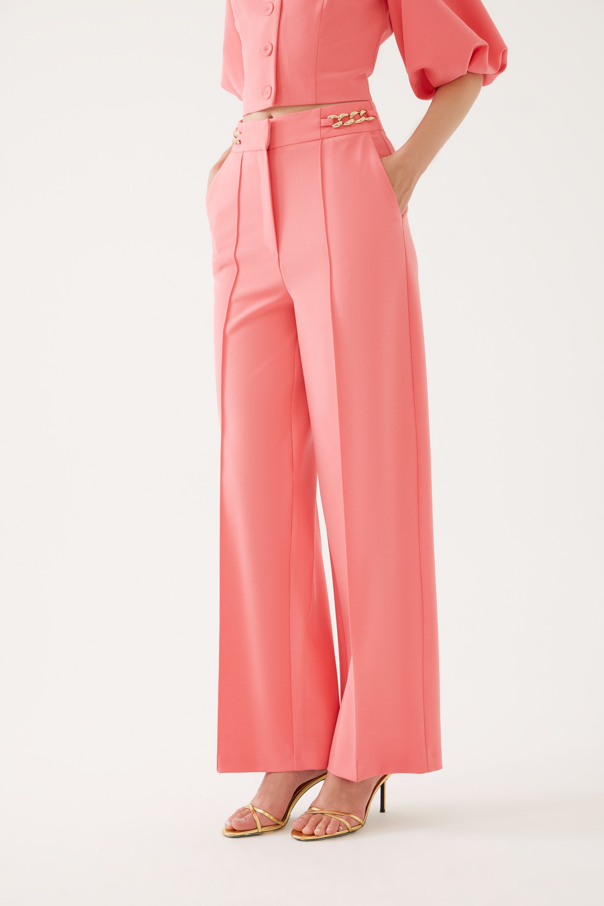 Chain Belted and Lined Fabric Trousers