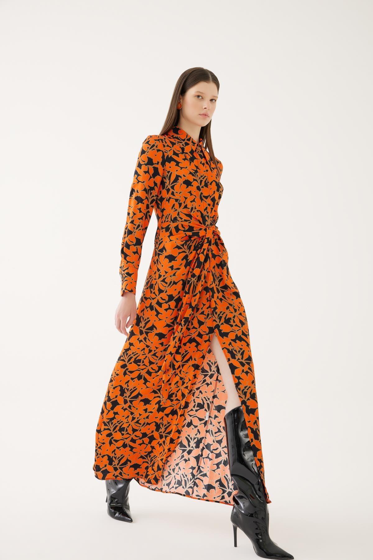 Belted Orange Floral Shirt Dress